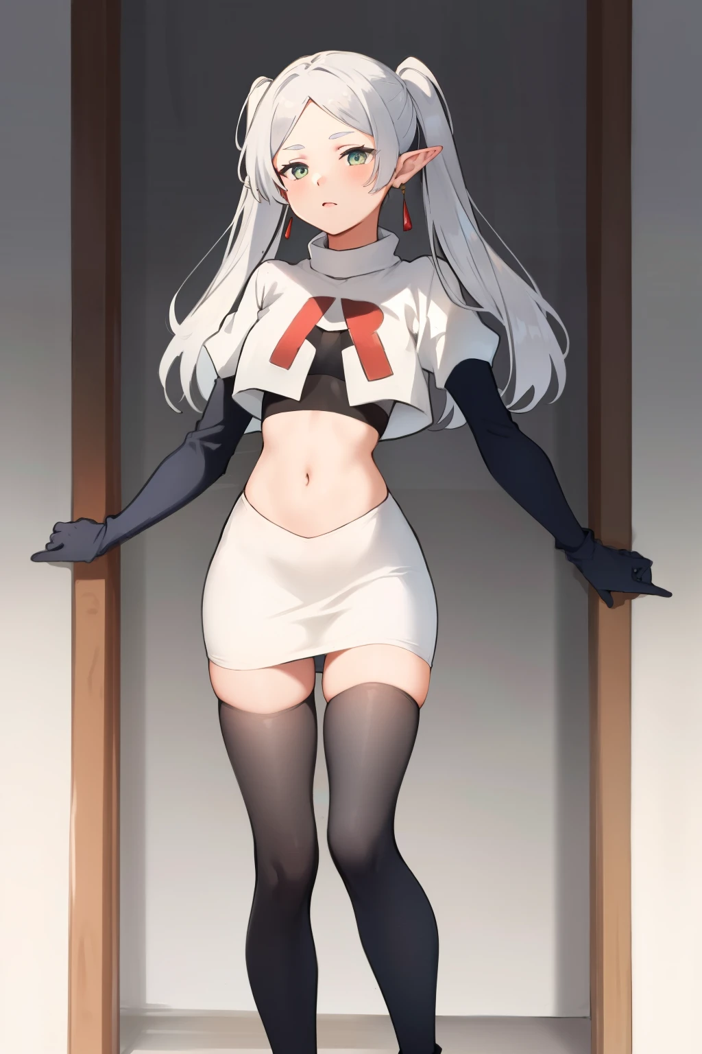 (masterpiece, best quality), intricate details,
1girl, frieren, long hair, pointy ears, jewelry, earrings, twintails, parted bangs, team rocket,team rocket uniform, red letter R, white skirt,white crop top,black thigh-highs,black elbow gloves