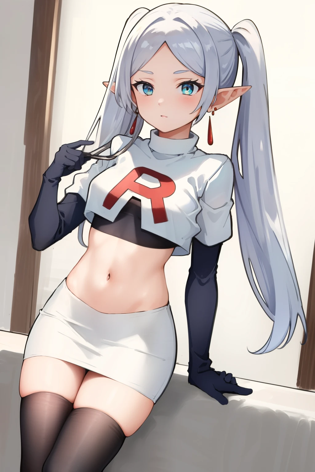 (masterpiece, best quality),  intricate details,
1girl,     frieren, long hair, pointy ears, jewelry, earrings, twintails, parted bangs, team rocket,team rocket uniform, red letter R, white skirt,white crop top,black thigh-highs,black elbow gloves