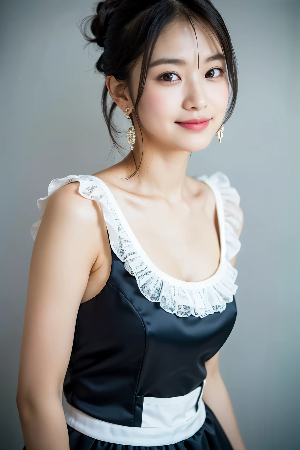 (Raw photo, Best Quality), (Realistic, Photo realistic:1.3), forward-facing, symmetrical pose, Masterpiece, Top quality, one beautiful girl, age 25 years old, half smile, maid costume,  looking at viewer, standing, ((shot from front)), 35mm lens, f/1, (gray background: 1.3), flat chest,  upper body, alone, one girl, beautiful maid, radiant skin, hoop earrings, glamorous, shoulder length hair, maid uniform, shallow depth of field, facing forward, portrait, soft light