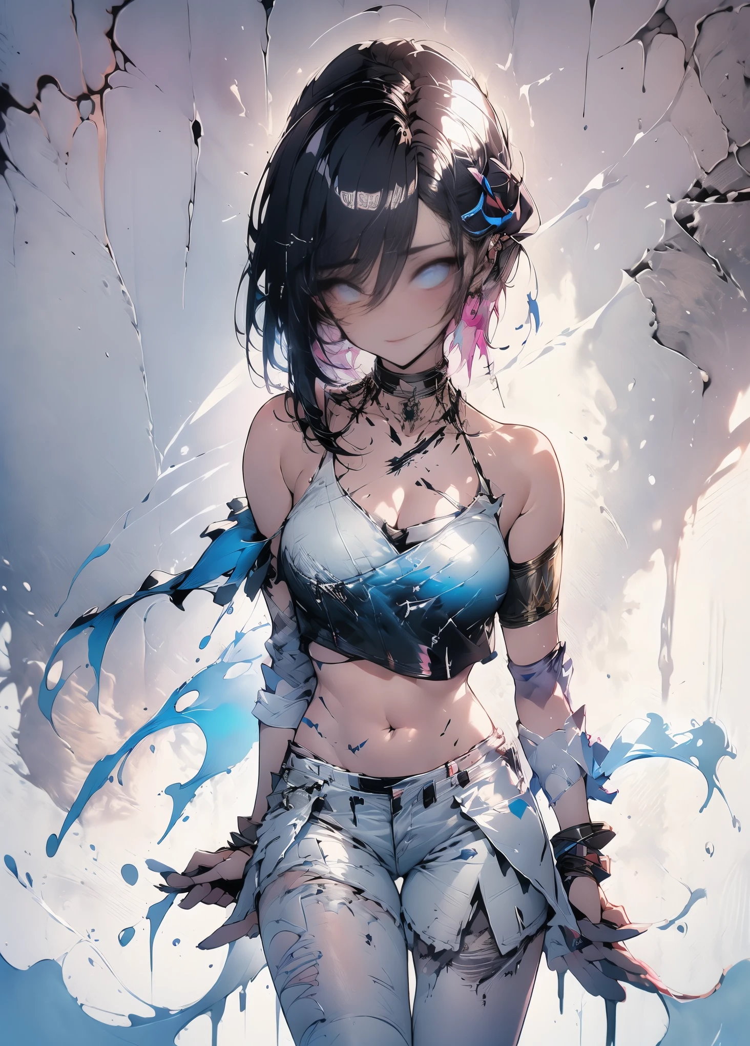tmasterpiece, Best quality at best, 1 Sister, solo, short crop top, denim short, choker necklace, (scribbles:1.5), paint splatter, place one's arms behind one's back, against a wall, looking at viewert, armlets, thigh band, Paint on the body, tilt of the head, having fun, Hair color, Water-colored eyes, Earphone,graffiti wall