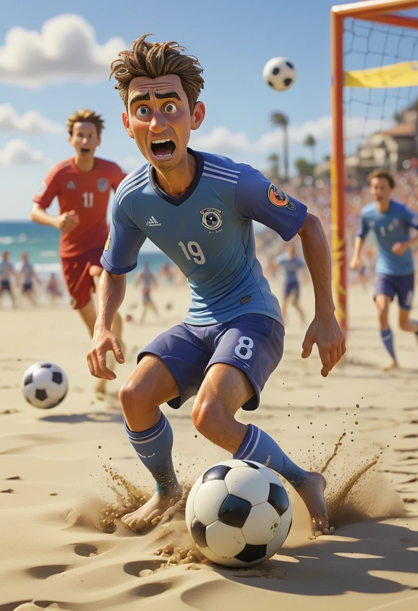 pixar art, Beach Soccer, Motion Blur, best composition, (best quality, masterpiece, Representative work, official art, Professional, Ultra intricate detailed, 8k:1.3)
