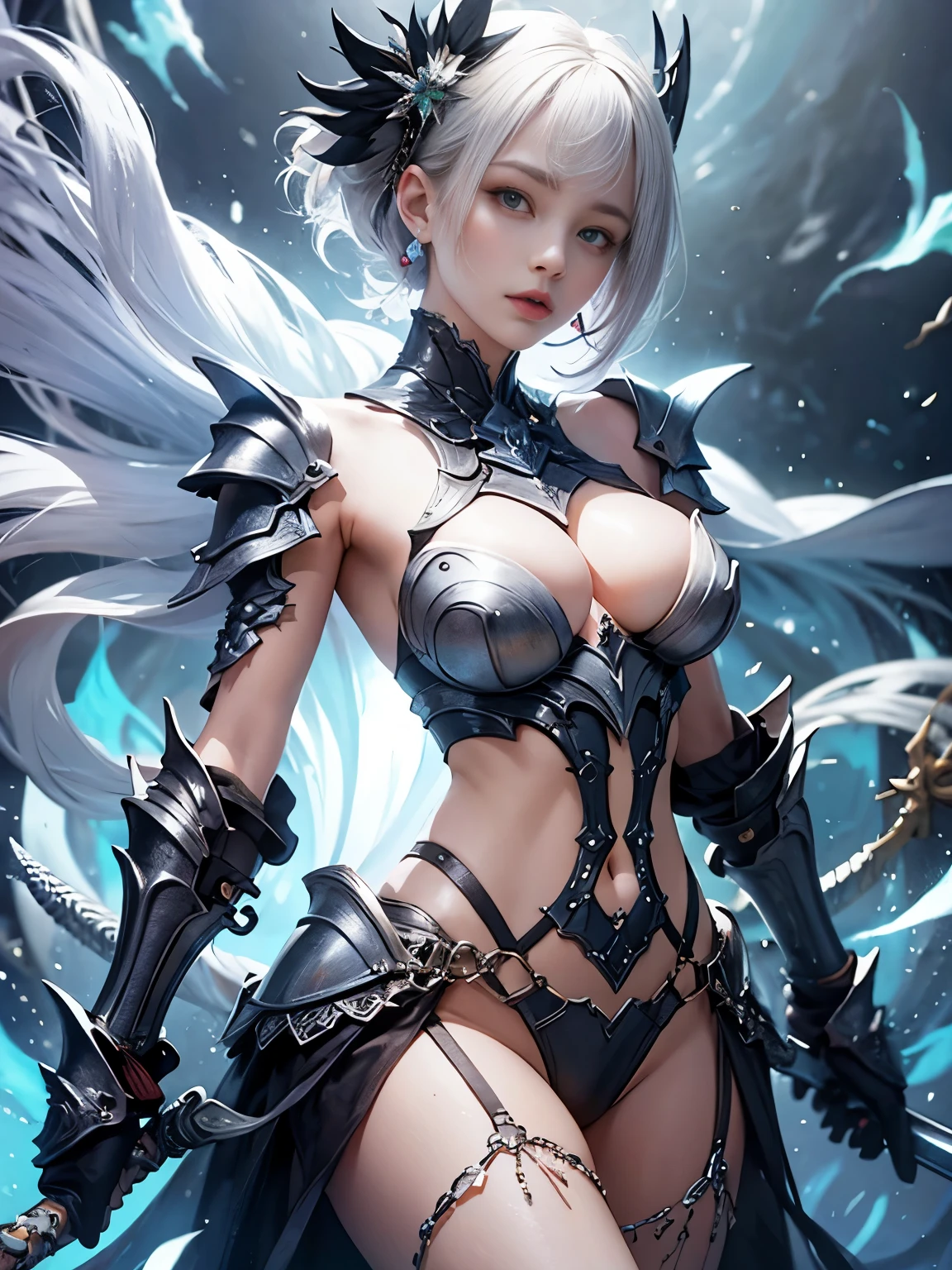NSFW((masterpiece)), (((Best Quality))), ((Ultra-detailed)), (extremely detailed photo), ((extremely delicate and beautiful)),(Cute delicate face), (A 30 years old dignified girl),(blue and silver full armor) ,(holding a white glowing sword ),short hair,against a light background in a city,solo, double eyelid,delicate skin,slender body shape,