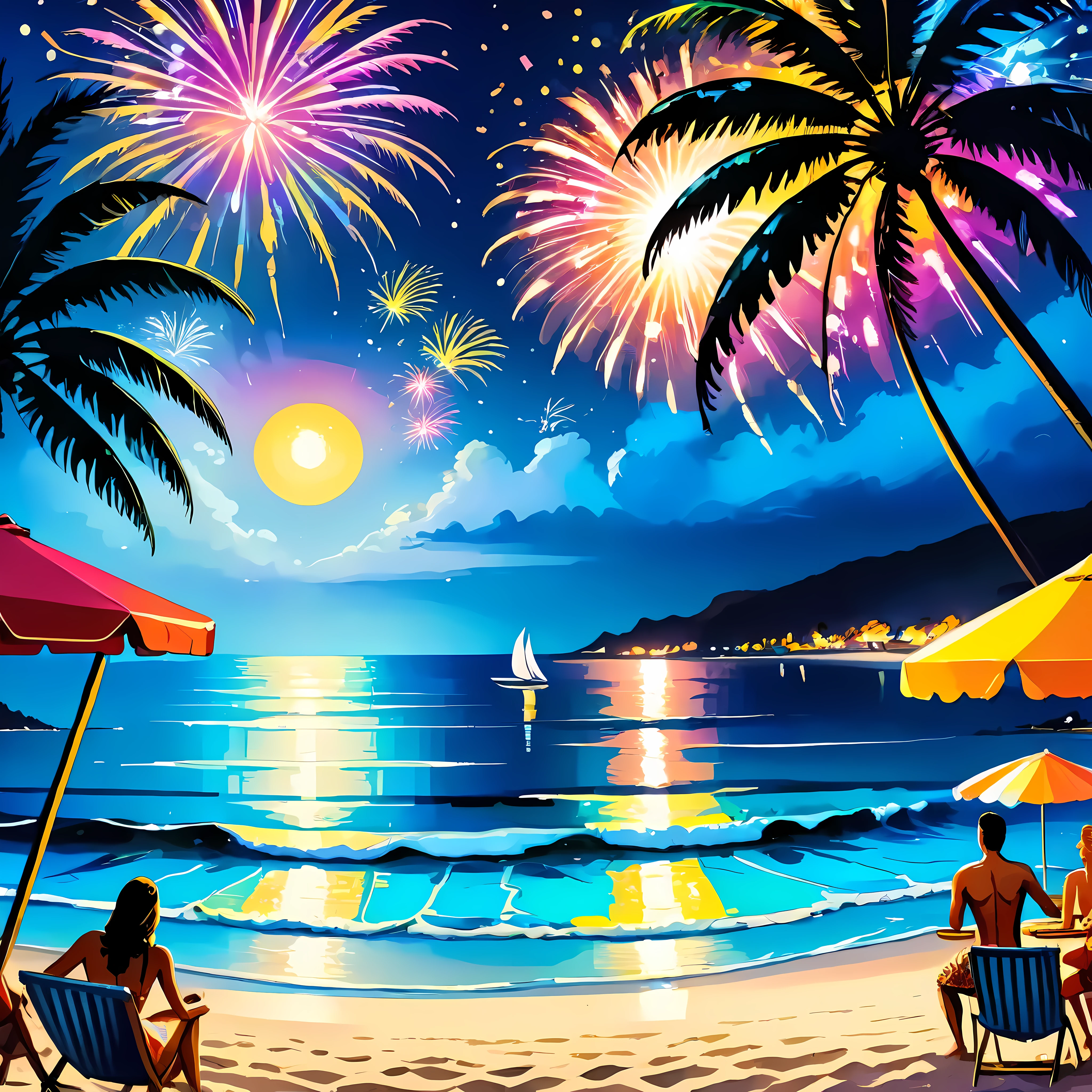 (best quality,ultra-detailed,highres:1.2),professional beach party at night,beautifully detailed bonfire, vibrant carnival lights, pulsating colors, sparkling beach sand, joyful atmosphere, lively music, energetic dancing, colorful cocktails, glowing lanterns, palm trees swaying in the breeze, fireworks illuminating the sky, shimmering moonlight on the ocean, people wearing trendy beachwear, laughter and smiles, a mix of cultures and backgrounds, a bustling dance floor with diverse dancers, mesmerizing fire performances, a beachside stage with live music, delicious food and drinks, beach volleyball game in progress, bonfire providing warmth and cozy ambiance, the sound of crashing waves, excitement in the air, a night filled with memories and laughter
