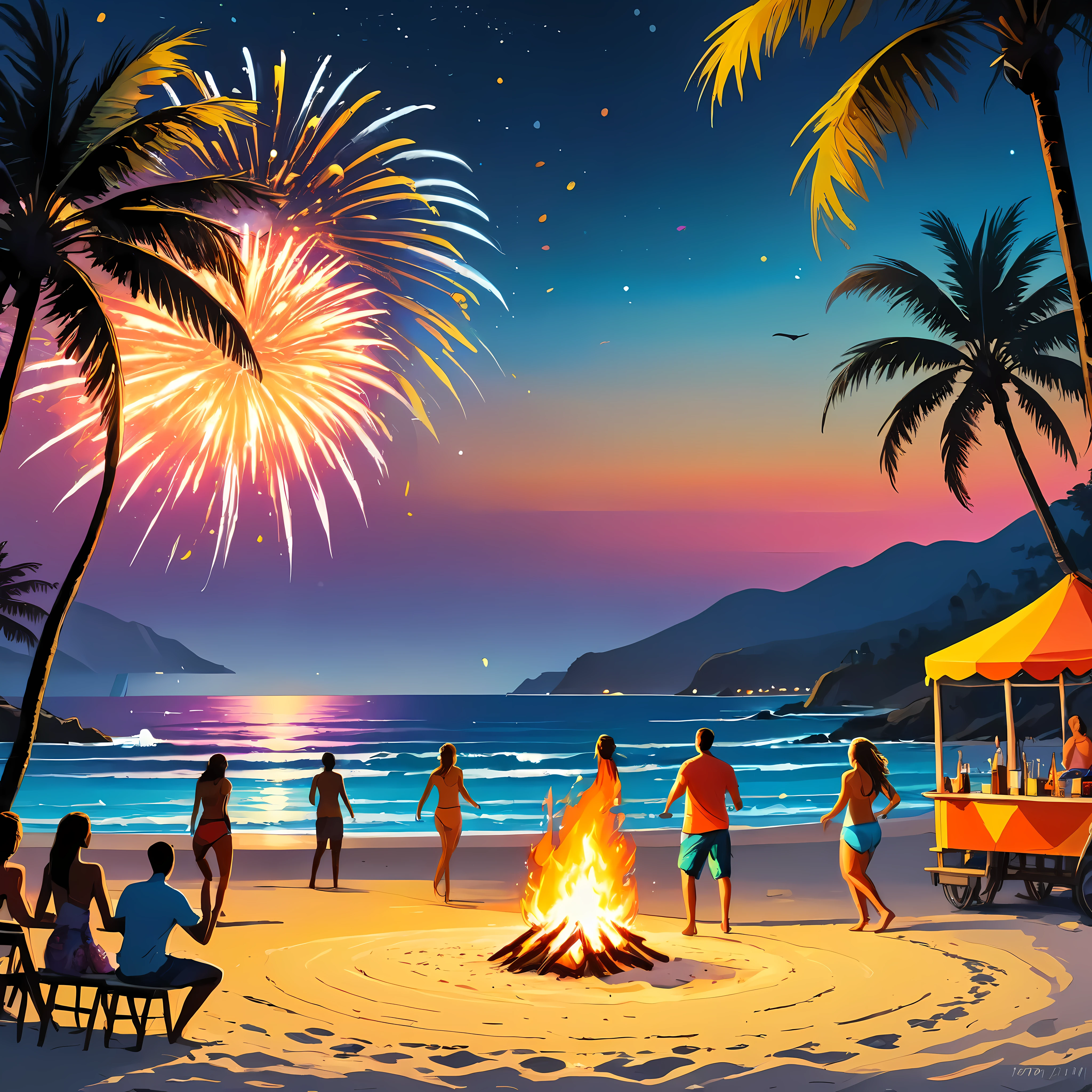 (best quality,ultra-detailed,highres:1.2),professional beach party at night,beautifully detailed bonfire, vibrant carnival lights, pulsating colors, sparkling beach sand, joyful atmosphere, lively music, energetic dancing, colorful cocktails, glowing lanterns, palm trees swaying in the breeze, fireworks illuminating the sky, shimmering moonlight on the ocean, people wearing trendy beachwear, laughter and smiles, a mix of cultures and backgrounds, a bustling dance floor with diverse dancers, mesmerizing fire performances, a beachside stage with live music, delicious food and drinks, beach volleyball game in progress, bonfire providing warmth and cozy ambiance, the sound of crashing waves, excitement in the air, a night filled with memories and laughter
