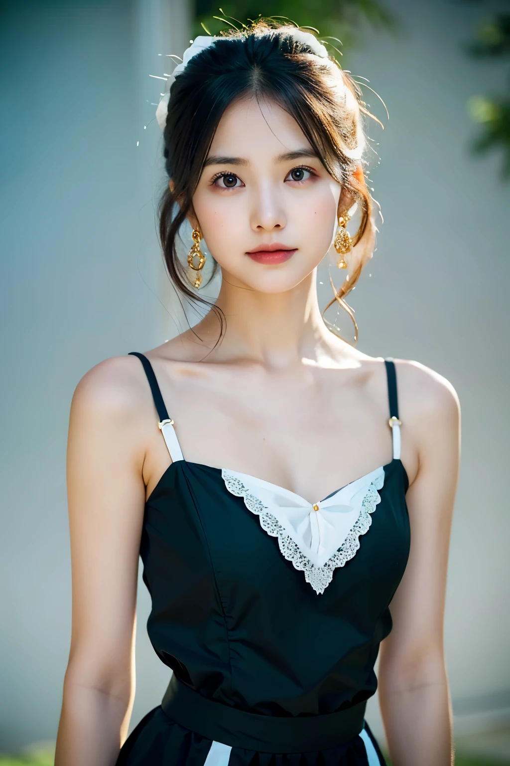 (Raw photo, Best Quality), (Realistic, Photo realistic:1.3), forward-facing, symmetrical pose, Masterpiece, Top quality, one beautiful girl, age 25 years old, half smile, maid costume, looking at viewer, standing, ((shot from front)), 35mm lens, f/1, (gray background: 1.3), flat chest, upper body, alone, one girl, beautiful maid, radiant skin, hoop earrings, glamorous, shoulder length hair, maid uniform, shallow depth of field, facing forward, portrait, soft light