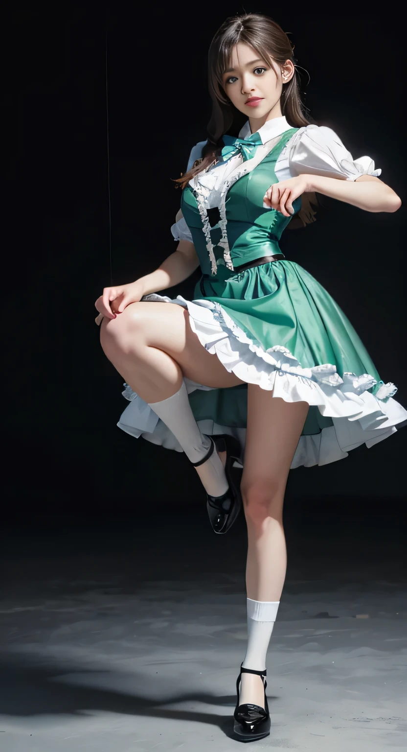 {highest quality}, {masterpiece, 超A high resolution}, (Photoreal:1.4), {{RAW photo}}, {{{A -yeld Loa-like woman poses with her skirt pulled up and one leg raised.....:smile:(detailed eye:double:green)}}, , {{Alice Blue Dress, White socks and black shoes}}, (white background}