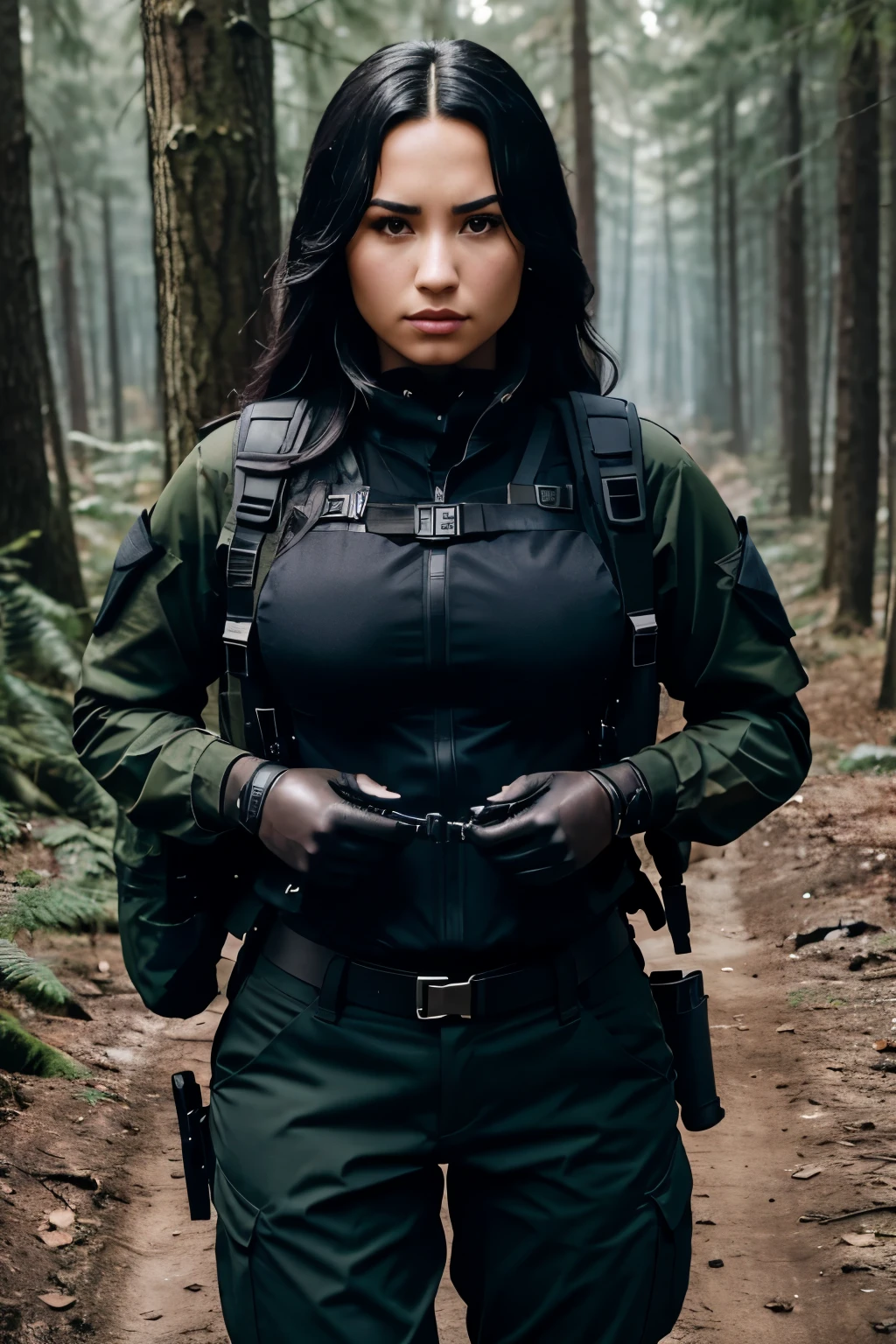 (Demi Lovato, beautiful woman, skinny, large big breasts, black long hair, detailed face, facing the camera, photo taken from a distance, age of 25 years old)、Special forces uniforms、Black tactical vest、Military trousers、Black combat gloves、rucksack、Black military long-sleeves shirt、SWAT helmet, Detailed facial and chest depictions、detailed hand depiction、Combat pose、Dynamic action、in woods、White smoke、watching at viewers