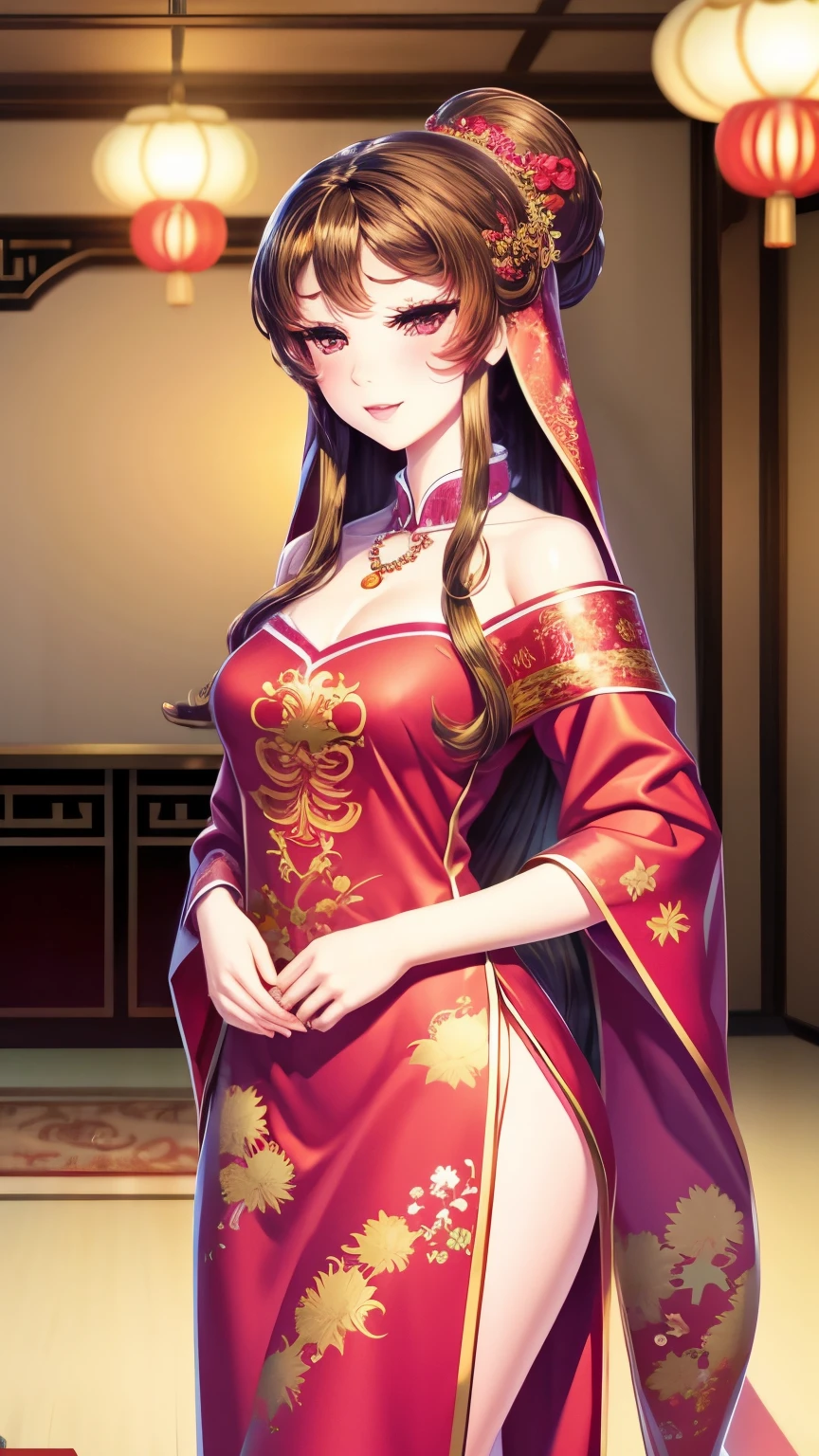 very long hair，（（（Eyes are very delicate）））（（（hair accessories）））（（（veil））），necklace，Barbie doll wearing red transparent sexy silk dress， ((skin glowing))The room is filled with Chinese New Year decorations（（（masterpiece）））， （（best quality））， （（intricate details））， （（Surreal））（8k）