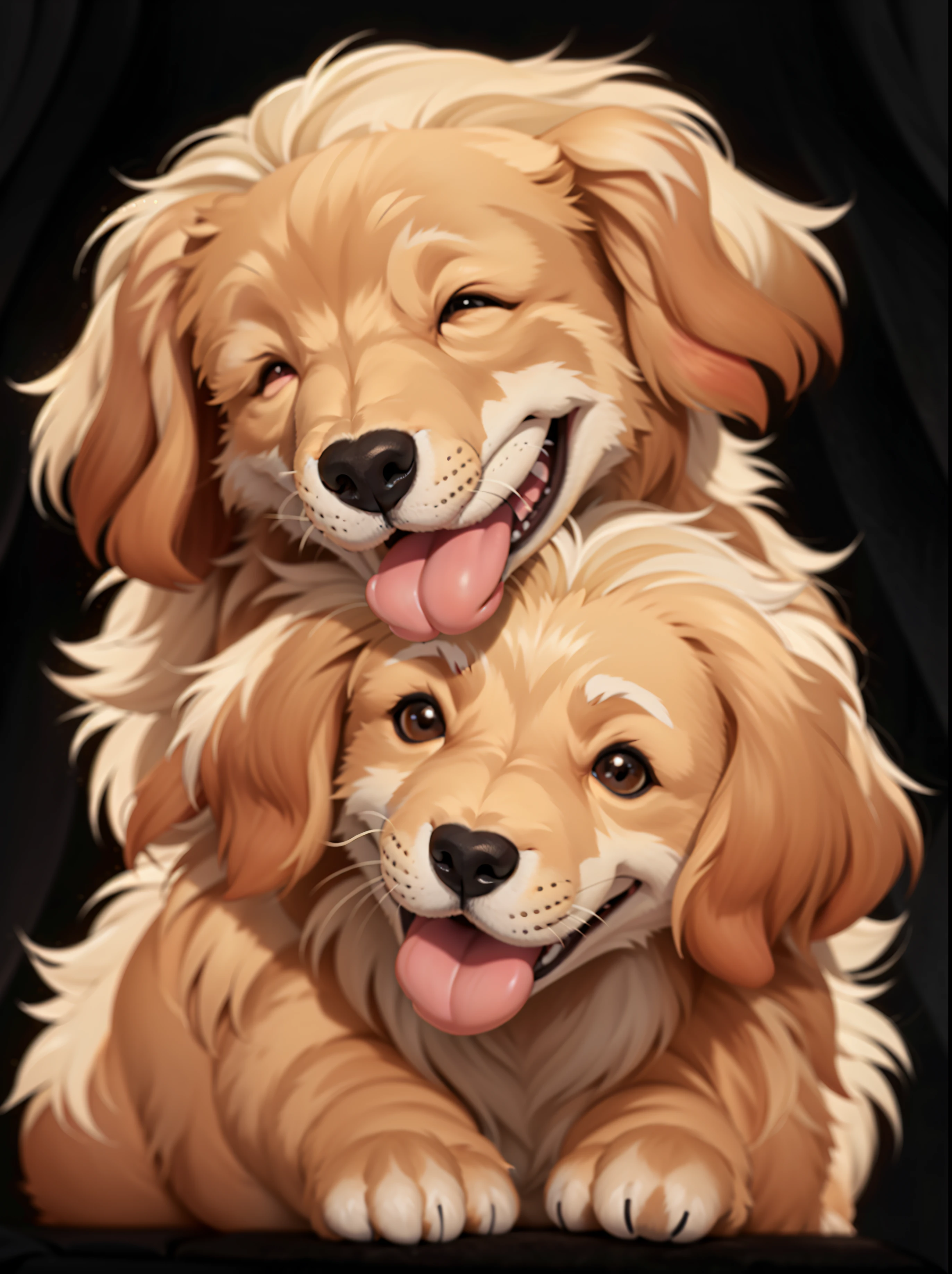 two dogs are sitting on top of each other on a black background, cute faces, happy faces, profile pic, r/aww, profile picture, smiling faces, both smiling for the camera, dogs, two dogs, puppies, highly detailed photo of happy, full of golden layers, high quality portrait, awwwww, cute and cuddly, aww, piled around, golden retriever