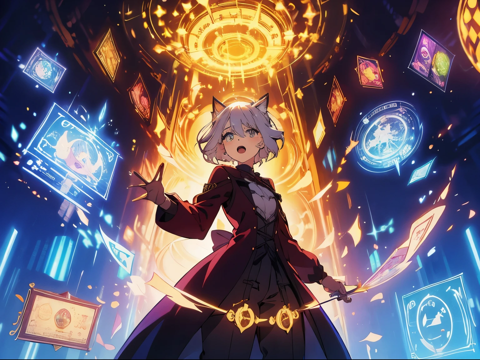 masterpiece, A world where magic and technology coexist, cat ears girl (gray hair, short hair) ，boyish，Hone your skills、Let&#39;s go on a journey to uncover the secrets of power.., beautiful eyes、depicted in detail. The magician makes the most of the potential of his abilities..、We must learn how to unlock the true potential of modern magic. Full body illustration,cast a spell，Western buildings，gothic style，indoor，sing a song，pants