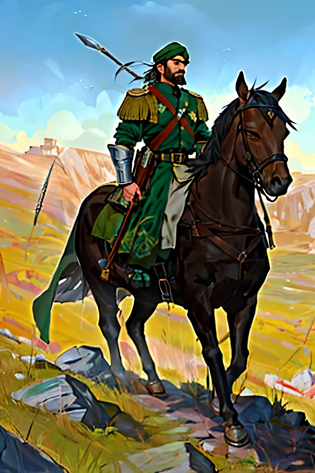 Imagine a rugged battlefield, the earth beneath cracked and uneven, stones jutting out from the patches of parched grass. In the heart of this tumultuous scene, Amir Al-Jabal, a figure of commanding presence in polished armor, stands tall. His steely gaze is fixed on the horizon, his scimitar held aloft, ready to strike. His troops, a blend of weathered veterans and green recruits, huddle behind him, their eyes reflecting a mixture of fear and determination. The sun, low in the sky, bathes the battlefield in a golden glow, as Amir Al-Jabal rallies his men, preparing to lead them against