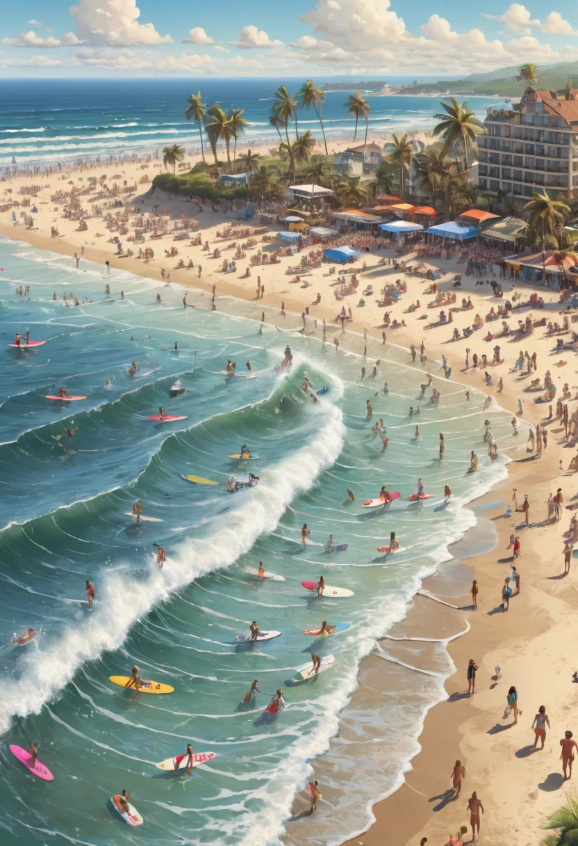Surfing enthusiasts gather on beaches suitable for surfing, engaging in intense competitions, while the audience cheers and cheers for them on the beach, (best quality, masterpiece, Representative work, official art, Professional, Ultra intricate detailed, 8k:1.3)