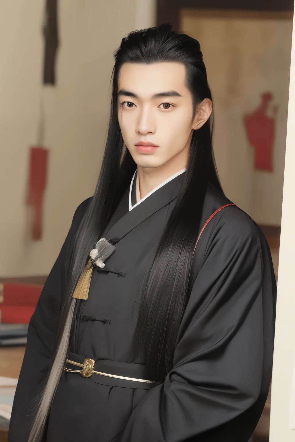 a chinese man，Wearing black clothes，long black hair，Stand in the study，Hairpins on top of head