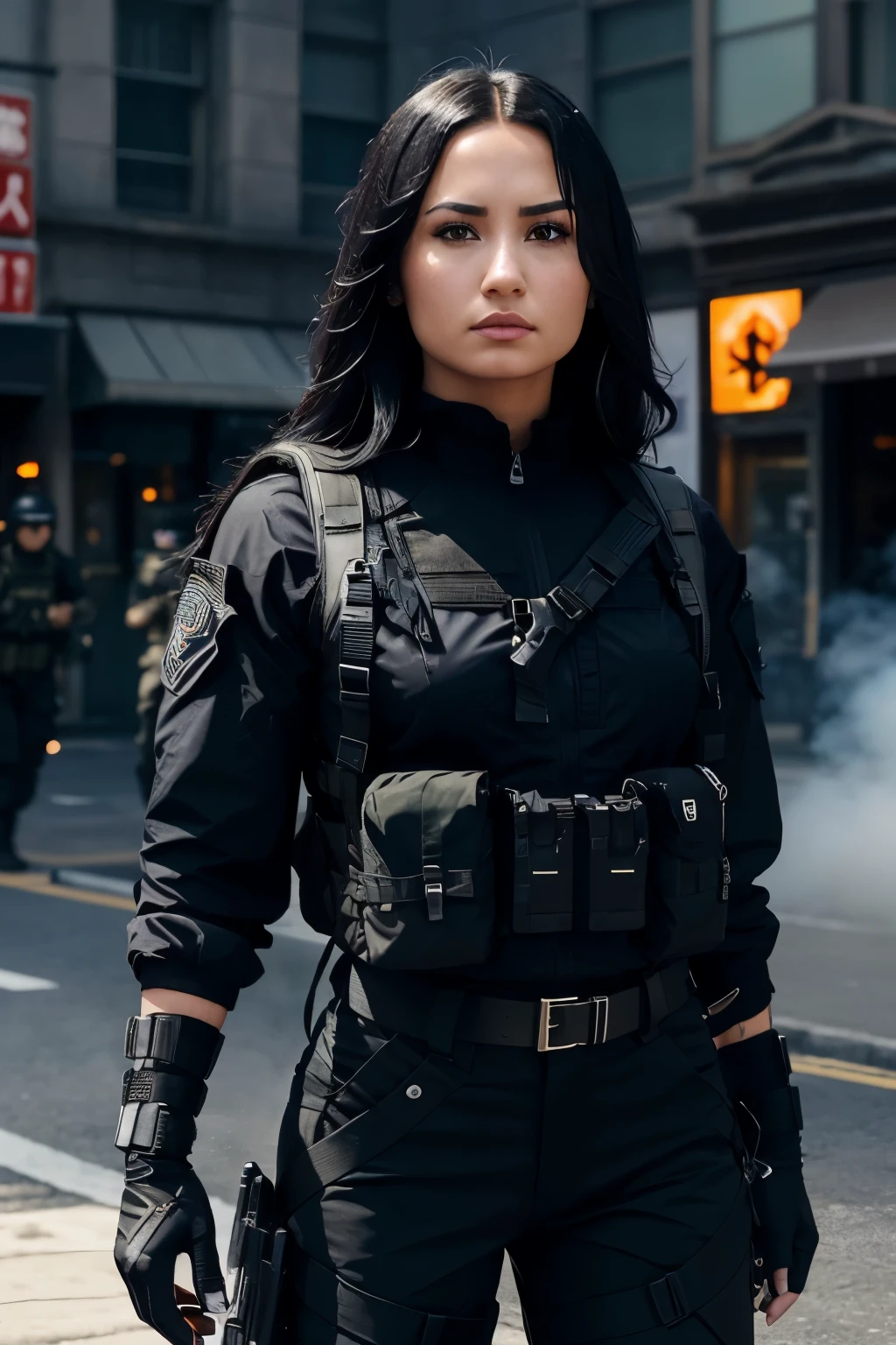 (Demi Lovato, beautiful woman, skinny, black long hair, detailed face, facing the camera, photo taken from a distance, age of 25 years old)、Special forces uniforms、Black tactical vest、Military trousers、Black combat gloves、rucksack、Black military long-sleeves shirt、SWAT helmet, Detailed facial and chest depictions、detailed hand depiction、Combat pose、Dynamic action、in the city、White smoke、watching at viewers