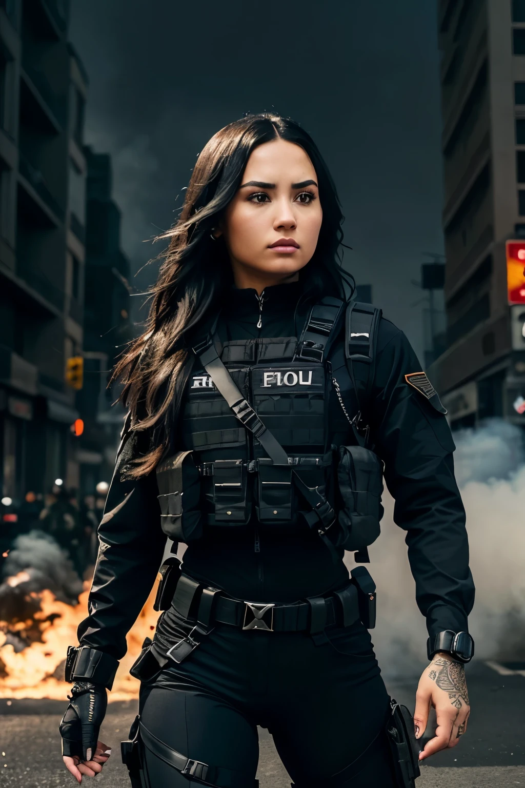 (Demi Lovato, beautiful woman, skinny, black long hair, detailed face, facing the camera, photo taken from a distance, age of 25 years old)、Special forces uniforms、Black tactical vest、Military trousers、Black combat gloves、rucksack、Black military long-sleeves shirt、SWAT helmet, Detailed facial and chest depictions、detailed hand depiction、Combat pose、Dynamic action、in the city、White smoke、watching at viewers