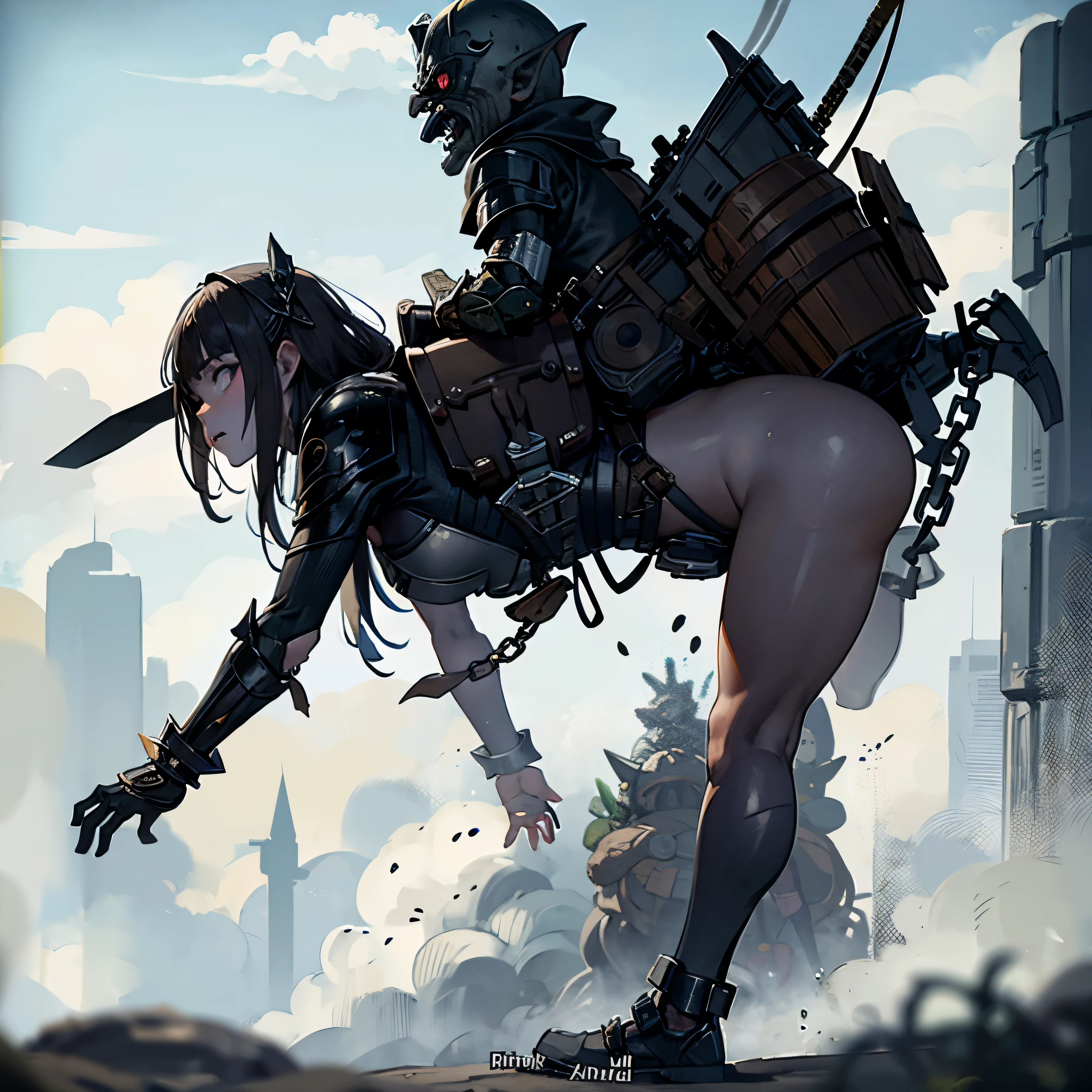masterpiece, goblinriding, a goblin is riding a girl, goblin, (all fours), 1girl, (armor:1.1), (nose hook), reins, collar, chain, rope, blank eyes, empty eyes, obey, mind control, (from behind), (view from back), (looking from back)