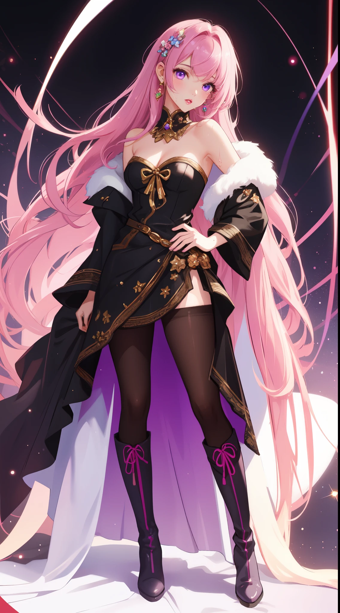 ((masterpiece)), ((highest quality)), ((High resolution)), ((detailed background)), (1 girl), pretty girl, black clothes, long hair, parted bangs, pink hair, purple eyes, ((detailed face and eyes)), wet lips, shine, dress, pantyhose, Photographed with white boots, bare shoulders, naked waist, Macross Frontier, sheryl gnome, whole body,