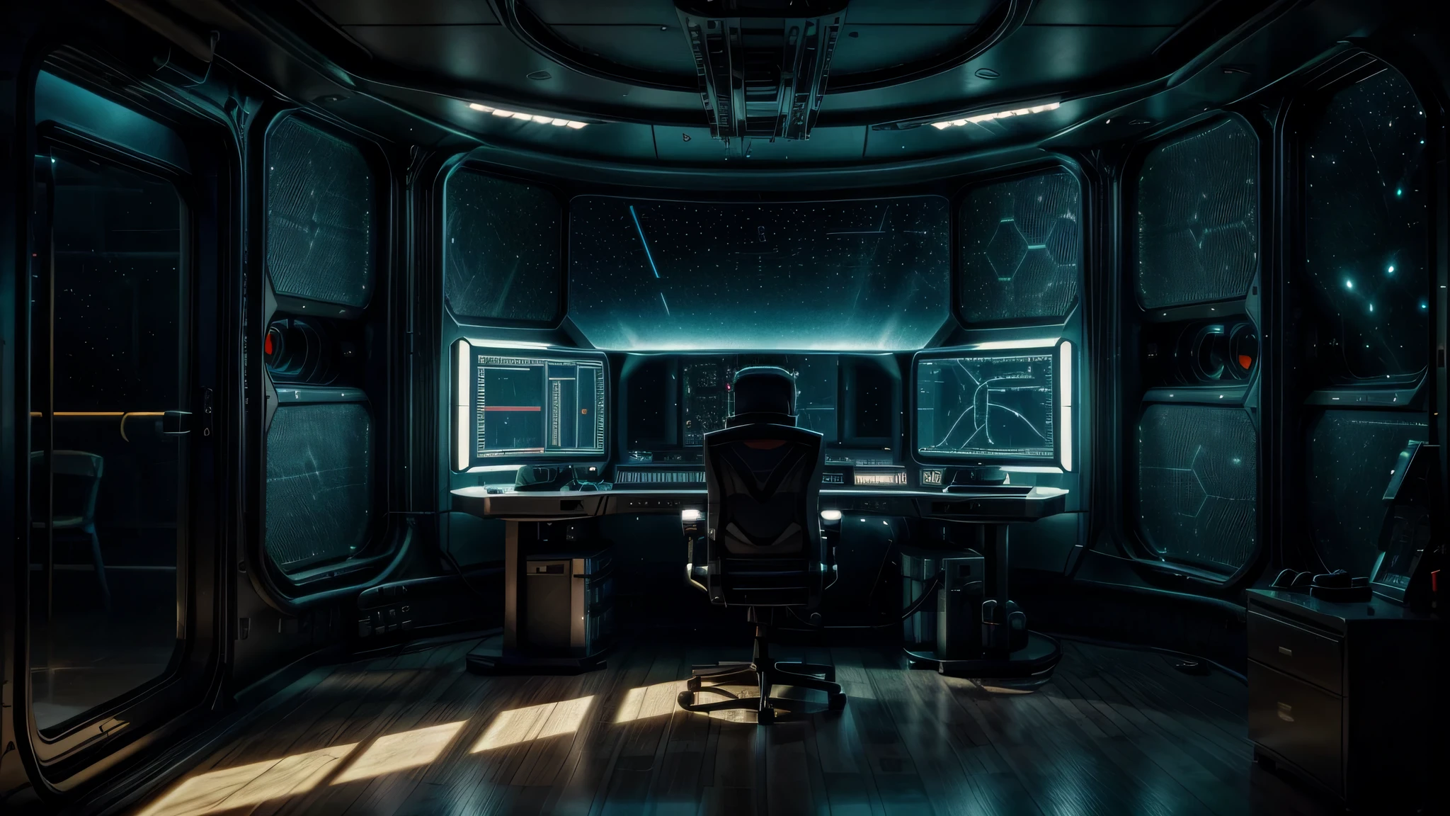 The prompt for generating a high-quality image of a spaceship in the engine room with panels, windows, and stars should be as follows: 
"Spaceship, engineroom, keyboard, computerscreens, lights, panels, window, stars, (best quality, 4k, 8k, highres, masterpiece:1.2), ultra-detailed, realistic:1.37, HDR, studio lighting, professional, vivid colors, bokeh, portraits, sci-fi"