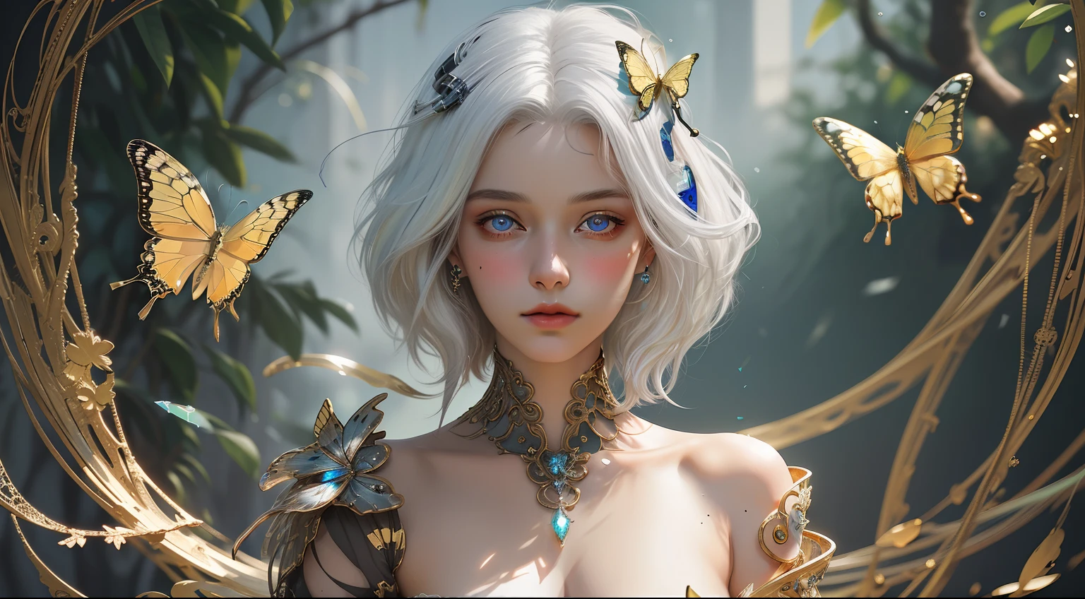 8k portrait of beautiful cyborg with white hair, bust, upper body, nudity, nudity, sexy, convoluted, elegant, very detailed, majestic, digital photography, Surrealist painting golden butterfly filigree, broken glass, side lights, delicate and beautiful eyes: 1.2 ), Human Development Report,