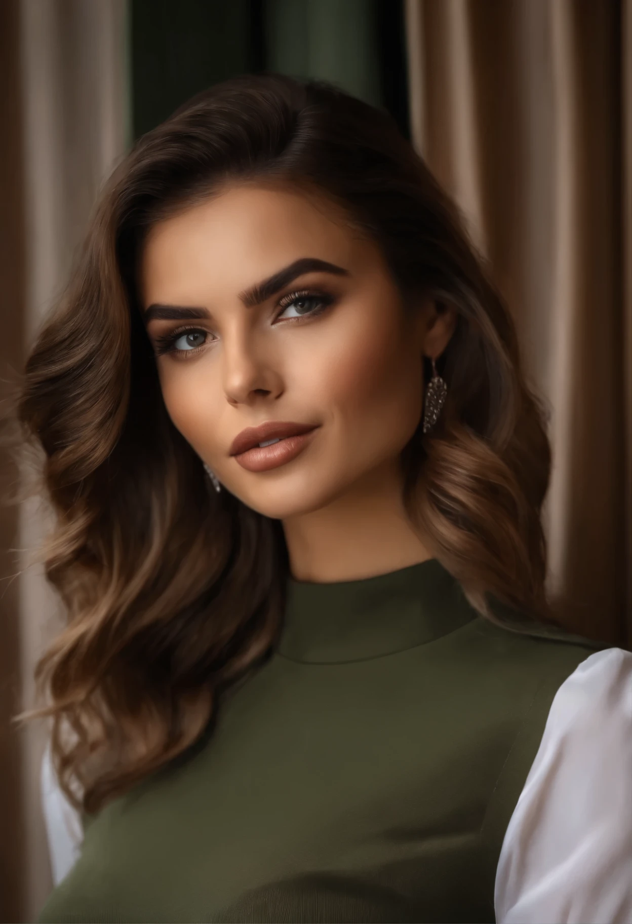 Mujer Arafed con camiseta blanca y collar., Comidas en el restaurante., chica sexy con ojos verdes, Retrato de Sophie Mudd, brown hair and big eyes, selfie de una mujer joven, ojos dormitorio, Violeta Myers, sin maquillaje, maquillaje natural, looking directly at the camera, cara con artgram, maquillaje fino, Impresionante toma de cuerpo entero, penetrantes ojos verdes, beautiful angle, pose atractiva, Sweet girl, pose sexy, imagen de cuerpo entero, cuerpo completo, disparando de cuerpo entero, diosa morena, Alto detalle, Postura satisfecha, con falda gris y botas, upskirt, botas hasta la rodilla, no se le ven sus manos, The influencer is wearing a sexy and elegant outfit. Make sure to capture her confidence and sensuality while showing off a glamorous lifestyle.