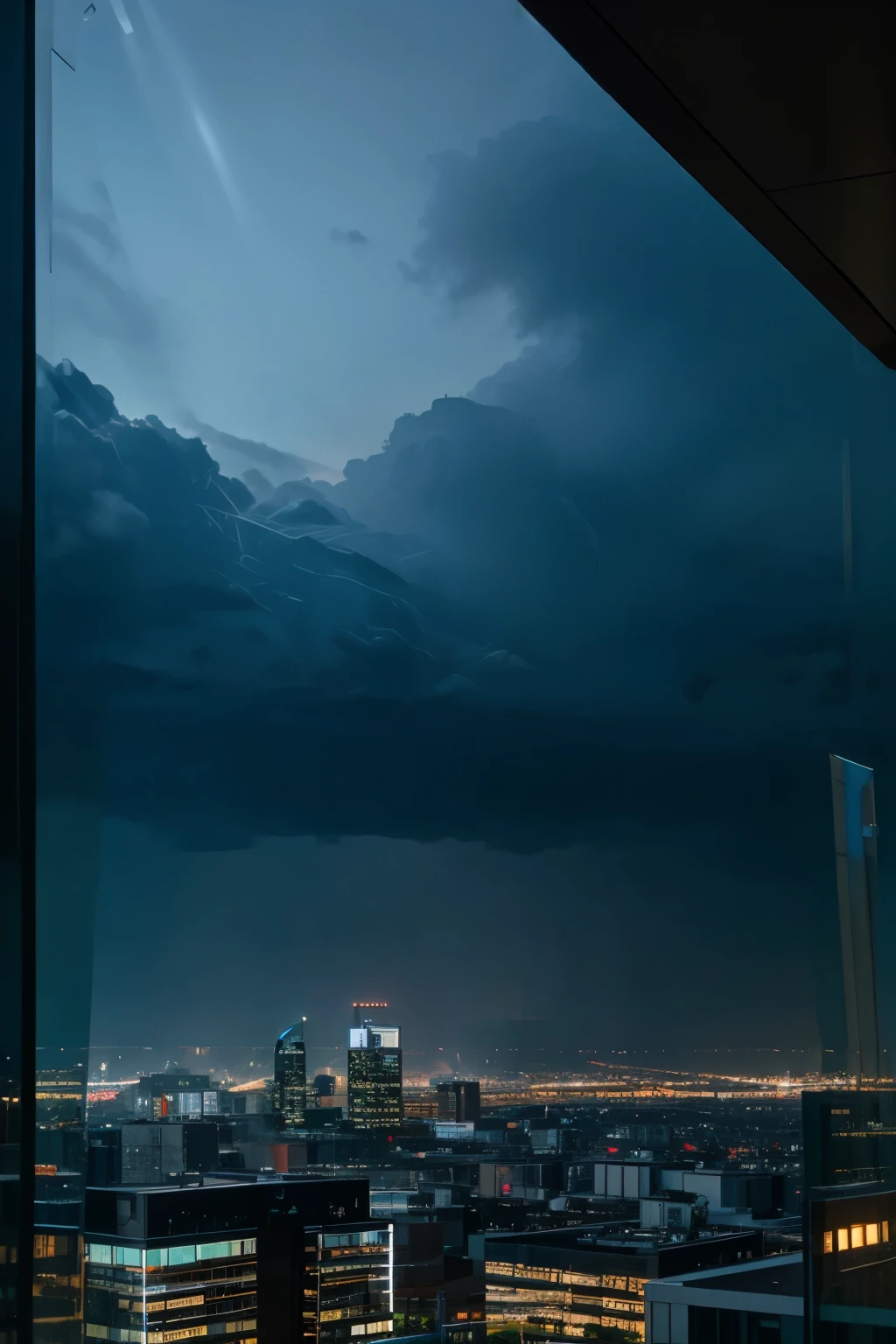 City view with building lendscape, night sky, neon light from the building, soft light surrounding the city, rain drop and reflection ground,