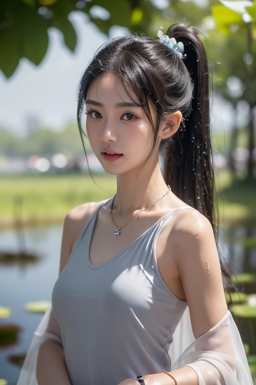 (Highly detailed CG Unity 8k wallpaper), (masterpiece), (best quality), (Ultra-detailed), (Best Illustration), (best shadow), (lifelike:1.1),(Pure love face_v1:0.5),(Taiwan cute girl),(Taiwanese Sexy Woman),Wearing a pair of metal spectacle frames,real human skin, lens flare, shadow, backlight,Lotus Pond，Under the lotus，Under the lotus leaves，(depth of field),(Natural light), film grain,((a girl with))),Ultra high dynamic range,(delicate eyes:1.4),brown eyes, seductive smile,kawaii,(alonefocus),(black hair),((Princess Cut Long Hair, low ponytail))(Chinese hair accessories)))(Transparent gray semi-plain),(Transparent Gray Chinese Tan Costume Cape)))((( Large, sagging breasts)), (((Cowboy shooting)), (close up) blurred background, 18 years old, (((alone)), (skin shiny), Lovely, Wearing a diamond necklace, (watch audience), (Look ahead), (smile512:0.1), (night), (big deal)), (No makeup on the face), , (wet), (covered in sweat), open mouth, (Squint: 0.5), (exposed), ((small )),