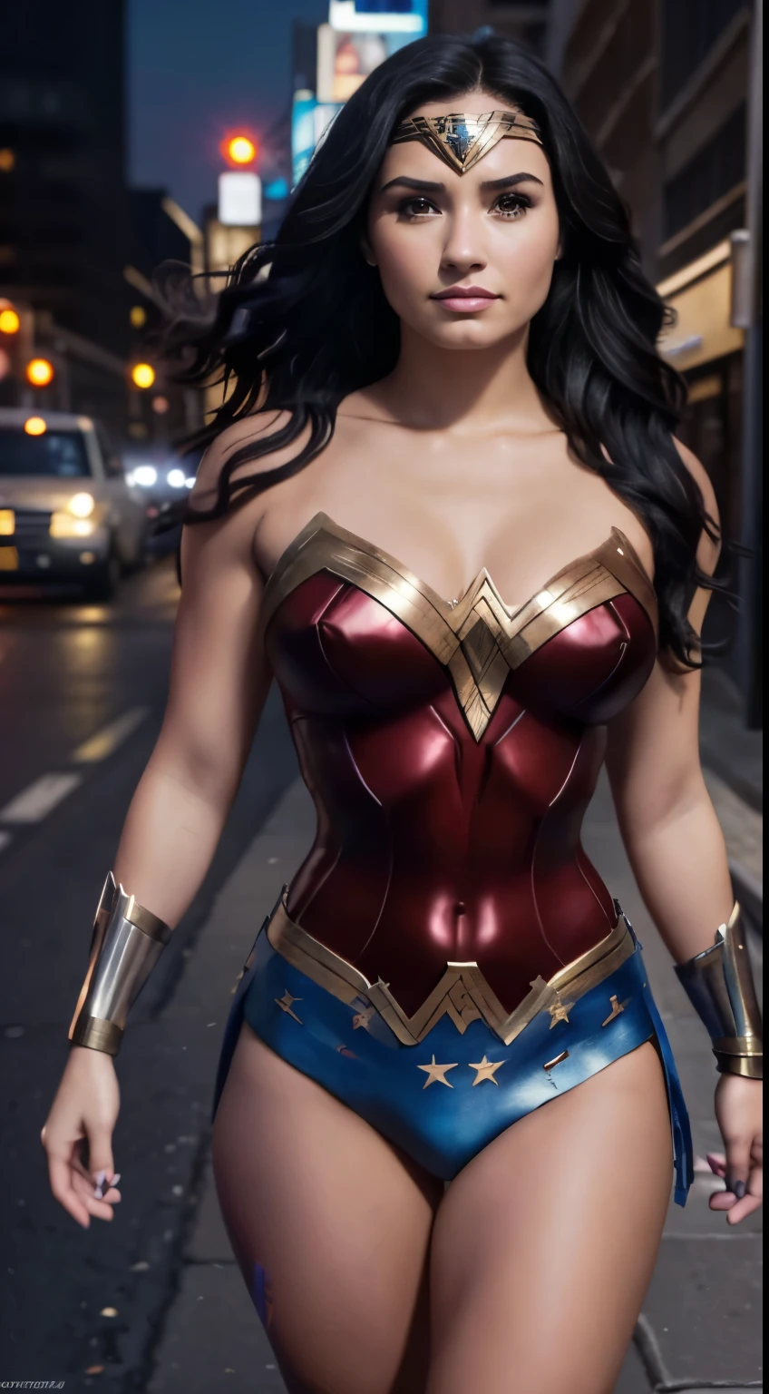 Foto hiperrealista en primer plano de Demi Lovato as a Wonder Woman on the city street,, masterpiece, best quality, (photorealistic:1.4), full body, cinematic light, beautiful woman, skinny, large big breasts, black long hair, detailed face, smile, facing the camera, photo taken from a distance, age of 25 years old