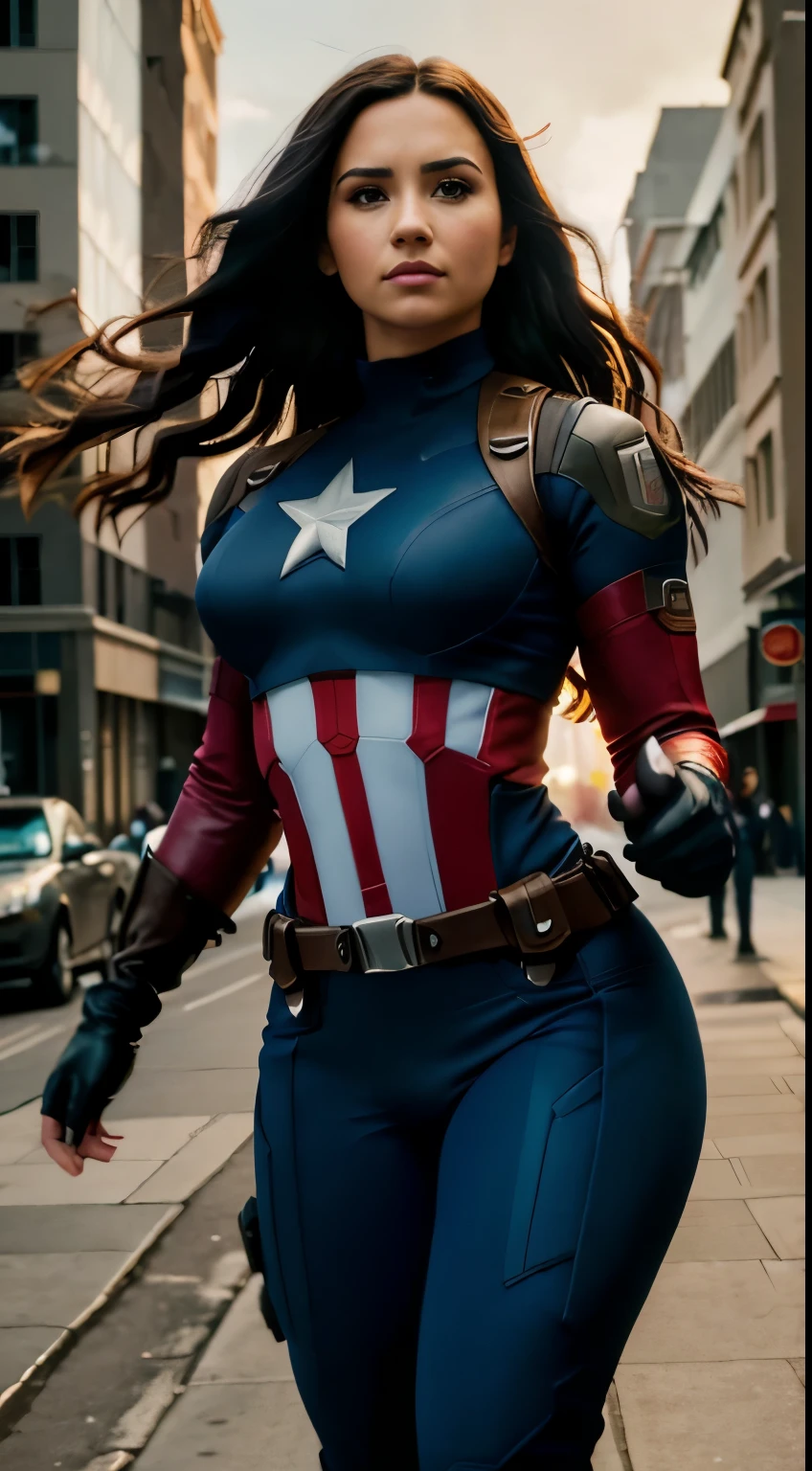 Foto hiperrealista en primer plano de Demi Lovato as a Captain America on the city street, masterpiece, best quality, (photorealistic:1.4), full body, cinematic light, Captain America suit, masterpiece, best quality, (photorealistic:1.4), full body, cinematic light, beautiful woman, skinny, large big breasts, black long hair, detailed face, smile, facing the camera, photo taken from a distance, age of 25 years old
