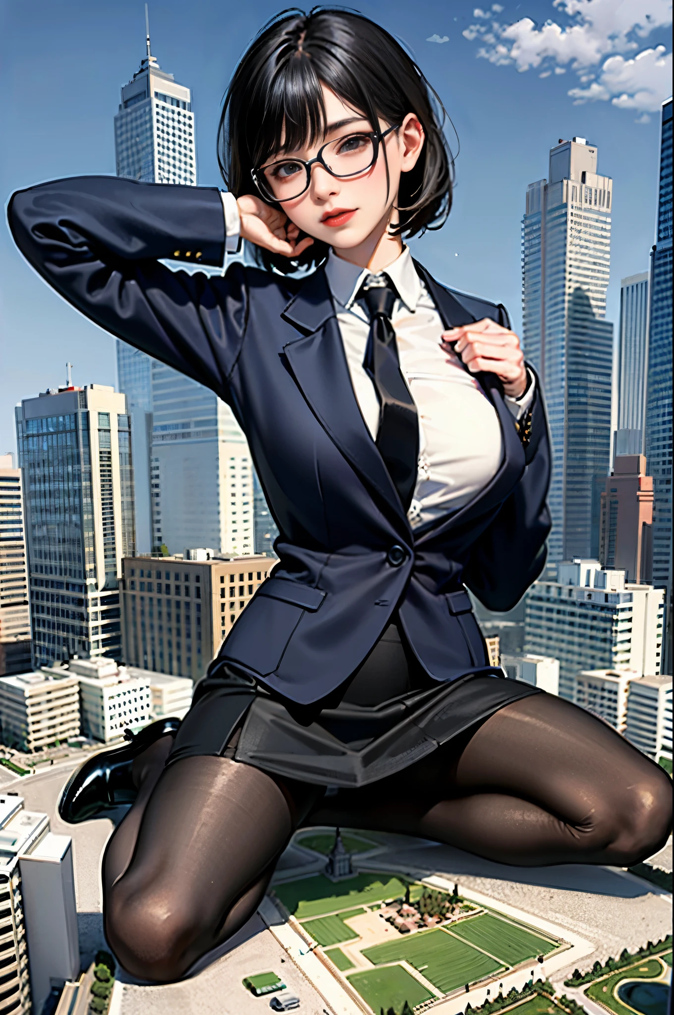 giantess art, a hyperrealistic , highly detailed giantess shot, der riese, Shorthair, black pantyhose, Super huge high school girl bigger than a skyscraper, wearing rimless glasses, huge tit, Navy blue blazer, Red tie, Mini Length Skirt, black pantyhose, Pantyhose sole, pantyhose toes, shoes are taken off, very small metropolis, Trying to crush a miniature metropolis, Full body depiction, gts, giga giantess, giantess, black pantyhose, pantyhose feet, pantyhose sole, stomping city, crash city, tiny city, micro city,