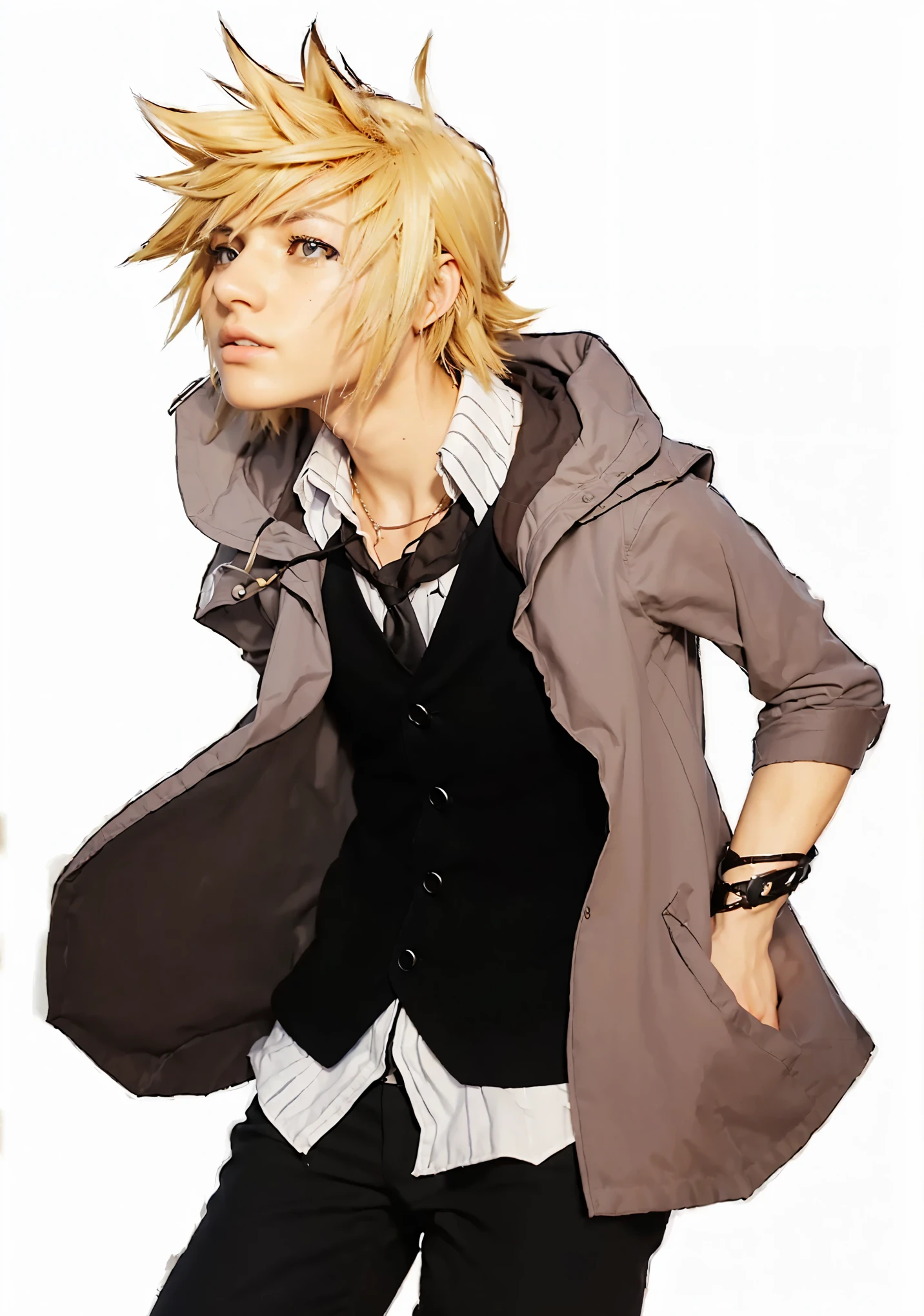 ((Best quality, 8k, Masterpiece: 1.3)), Sharp focus: 1.2, A handsome attractive male with kingdom hearts roxas hair: 1.4, Highly detailed face and skin texture, perfect hands, Detailed eyes, Ultra realistic, photorealistic, unreal engine, cinematic realism, accurate copy, standing in front of a beautiful fountain in a European village, photo portrait