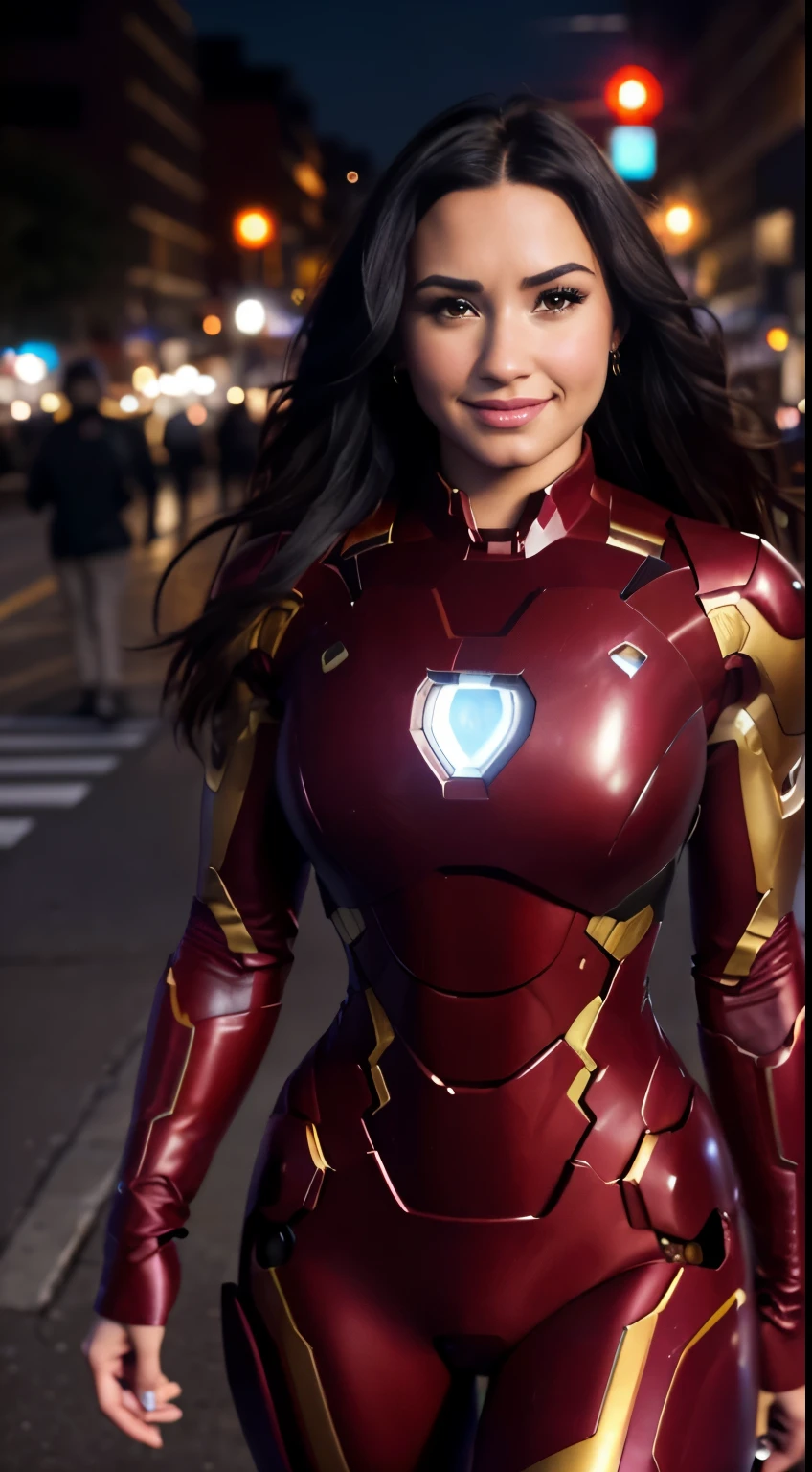 Foto hiperrealista en primer plano de Demi Lovato Wearing a high-quality Iron man suit, on the city street, masterpiece, best quality, (photorealistic:1.4), full body, cinematic light, beautiful woman, skinny, large big breasts, black long hair, detailed face, smile, facing the camera, photo taken from a distance, age of 25 years old