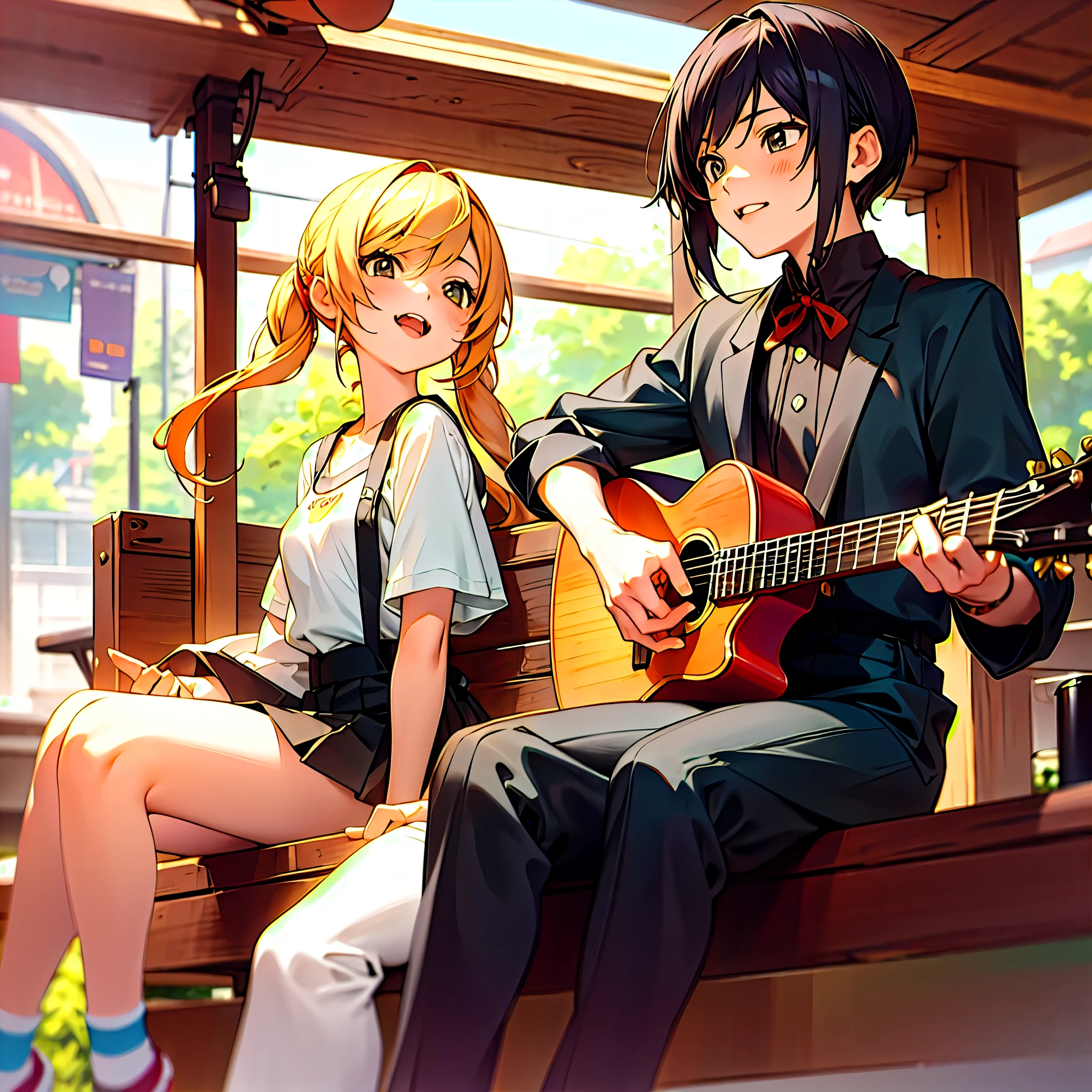 Two kids sitting on a bench playing guitar, Official fan art, High quality fan art, Detailed fanart, Lovely art style, official artwork, Kasuga, boy and girl, anime cover, Lofi Art, anime style, Xin Haicheng,