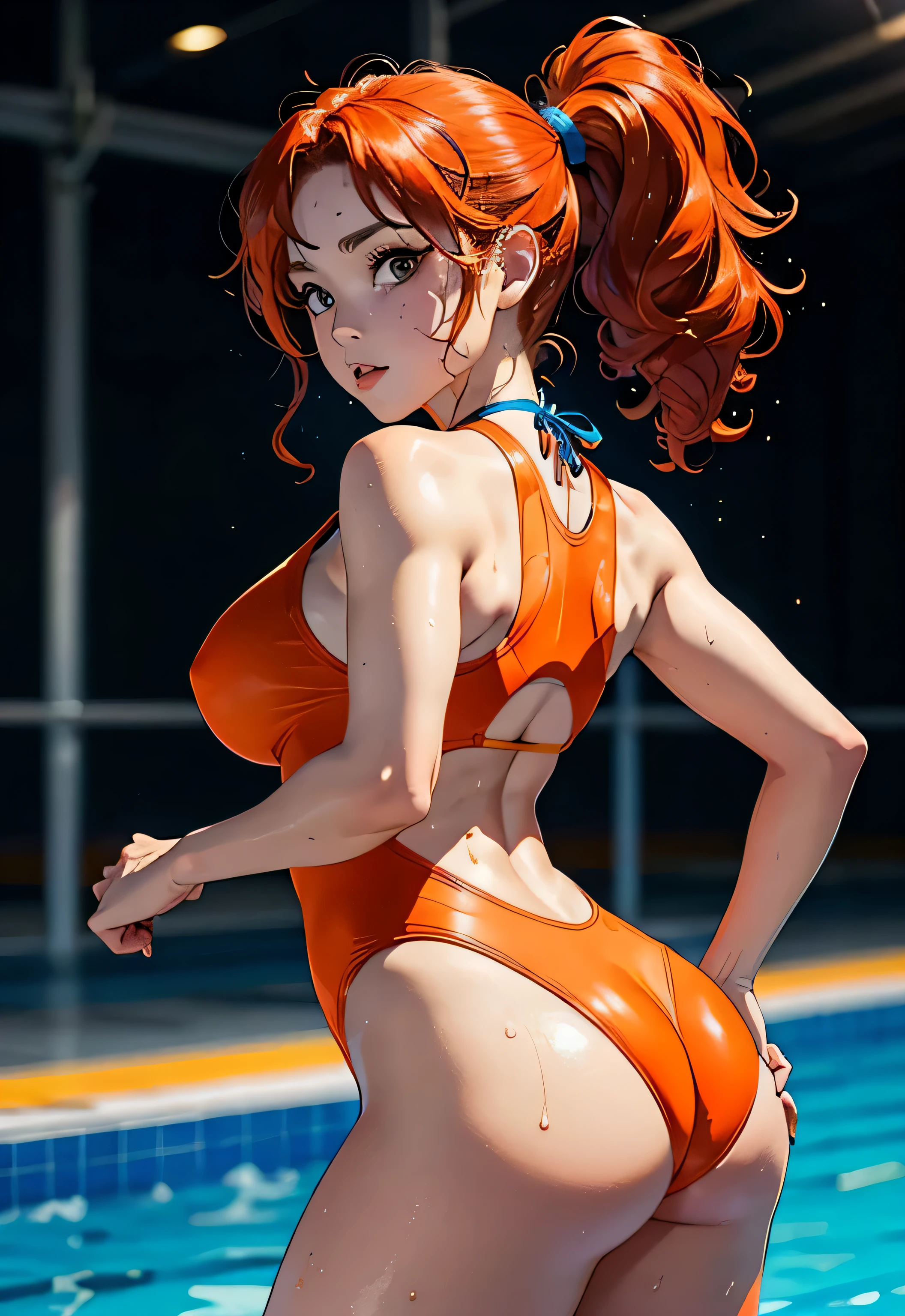 view from behind、show your butt、The focus is on the butt、big breasts、actual、Super high chroma、8k、Long red curly hair(((30-year-old girl)))、((((She is wearing an orange and blue competition swimsuit。))))、competitive swimmer、big breasts部、Thick thighs、Pay attention to muscle development。競泳プールolympic Comcompetitive swimmerics stadium 美しい顔, Highly detailed facial and skin textures, (Eyes have small wrinkles, double eyelids, thin eyebrows, glitter eyeliner: 1.2, natural cheeks, skin shiny, White skin,, (glossy lips: 1. 4),Sweating 1.0、(((vitality)))