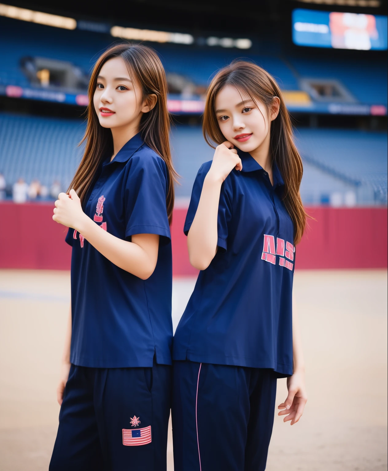 (best quality,10,10,height,Masterpiece:1.2),Special details,(realistic,ภาพrealistic,Realistic photos:1.37),1 cute girl on the football field,shiny, ผิวshiny,only,smile softly,BDclothelue shirt:1.3)),short sleeve,shirt, กางเกงขาlong.,(navy_long_track pants:1.1), ((stadium background:1.3)),Dynamic angle,excited,Face focus,dynamic poses,from behind,focus on ass,Masterpiece, best quality, ultra realistic, hyper-detail, 8K resolution, raw photos, Sharp focus, ((Navy blue shirt:1.1)), short sleeve, เส้นทางlong, perfect body, 2 mature women, 18 years old, Cinema-grade lighting system,blue sweatpants,shirtผ้าออกกำลังกาย,correct anatomy,perfect body, correct body, Sharp face, correct bodyทางกายวิภาค, full body, realistic gestures, long-haired, realistic poses,Wear long shorts................................,ช่วงขาlong,Good shape,carved girl, Slender figure, model, Good shape, beautiful body,blue sweatpants, two girls kissing