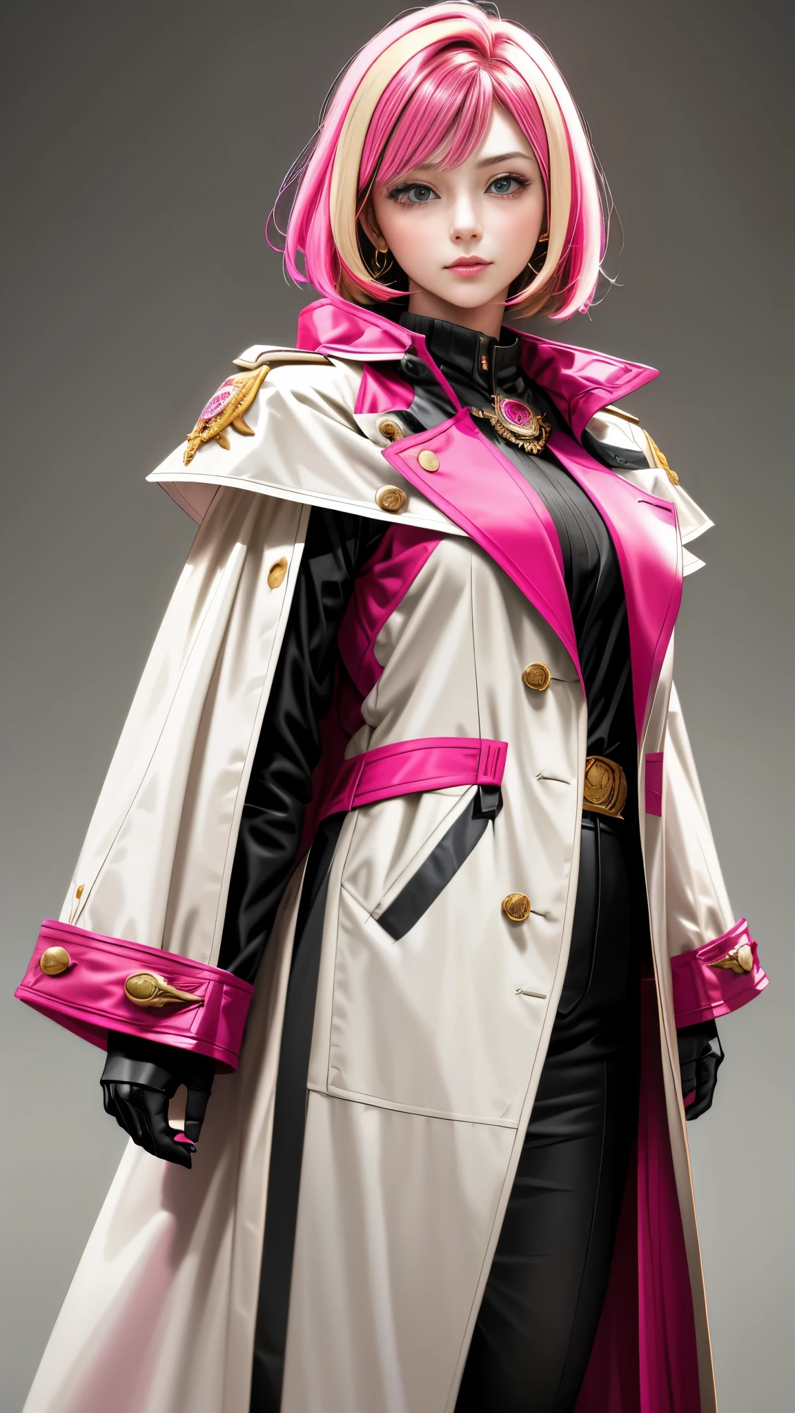 Realistic Red Sotheby Girl Photo,short bob cut,Her hair color is bright pink and has a gradation with blonde.,cool look,background is gray,Coat of arms of the Principality of Zeon,The 16-year-old daughter of Hamankarn and Char Aznable.,