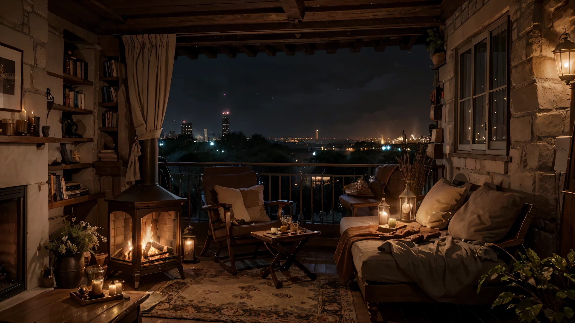 (balcony cave house) raining, night city, fireplace, cozy place, books place, warm beautiful scene, cozy atmospheric, cozy environment, cozy setting, cozy enchanted scene, very realistic, cozy atmosphere, cozy and peaceful atmosphere, cozy and calm, beautiful detailed scene, spring time, very very realistic, ✨🕌🌙, cozy wallpaper, unreal engine ; romantic theme