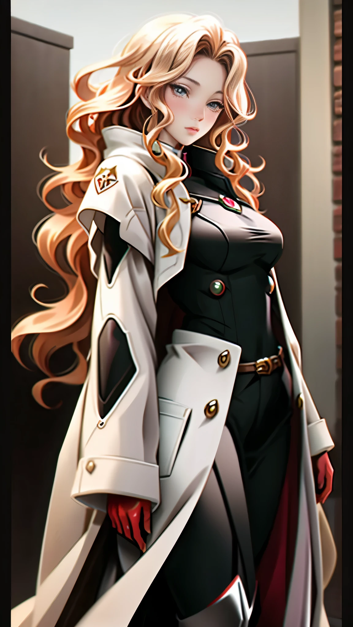 Realistic Red Sotheby Girl Photo,35 year old beautiful woman,long side waves,delicate blonde hair,cool look,background is gray,Coat of arms of the Principality of Zeon,
