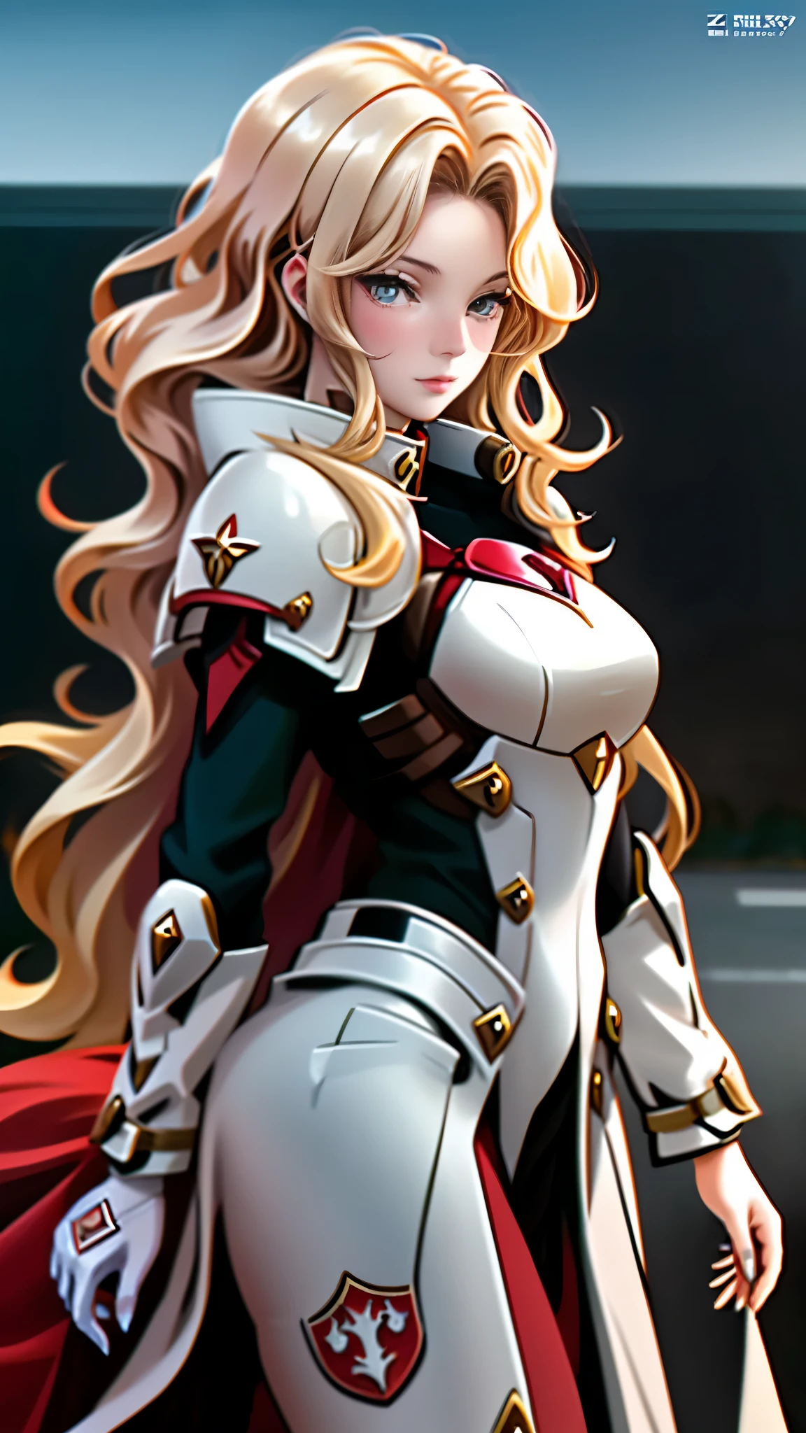 Realistic Red Sotheby Girl Photo，35 year old beautiful woman，long side waves，delicate blonde hair，cool look，background is gray，Coat of arms of the Principality of Zeon，