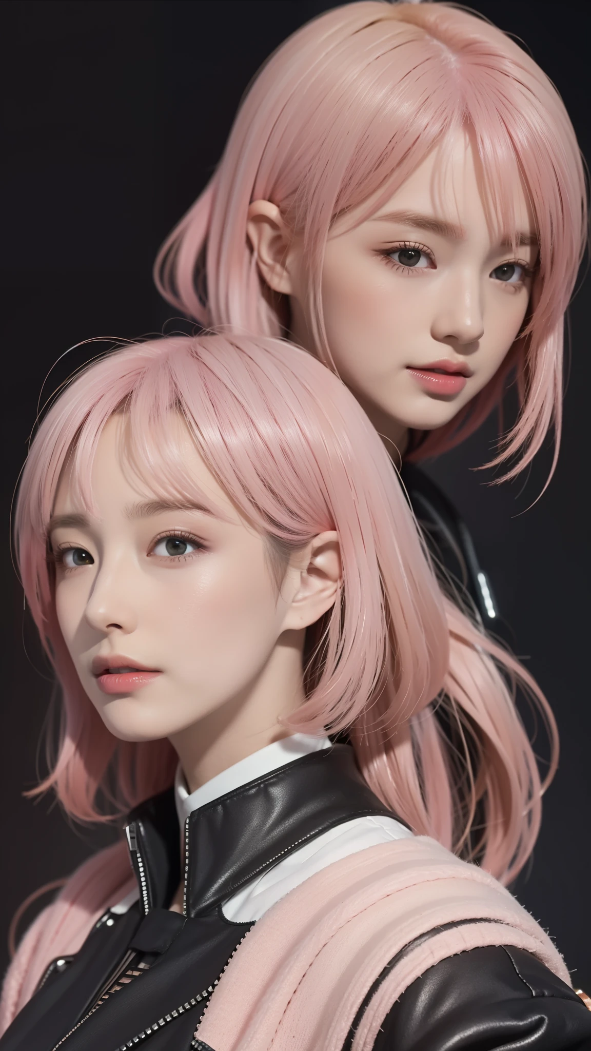 Close-up of two women with pink hair and black jackets, anime realism style, unreal 5. RPG portrait, cgsociety portrait, realistic art style, Smooth anime CG art, Photorealistic anime girl rendering, Realistic anime 3d style, loss draw 1. 0, realistic 3d animation, art germ ; 3d unreal engine, realistic anime art style，The background is space，