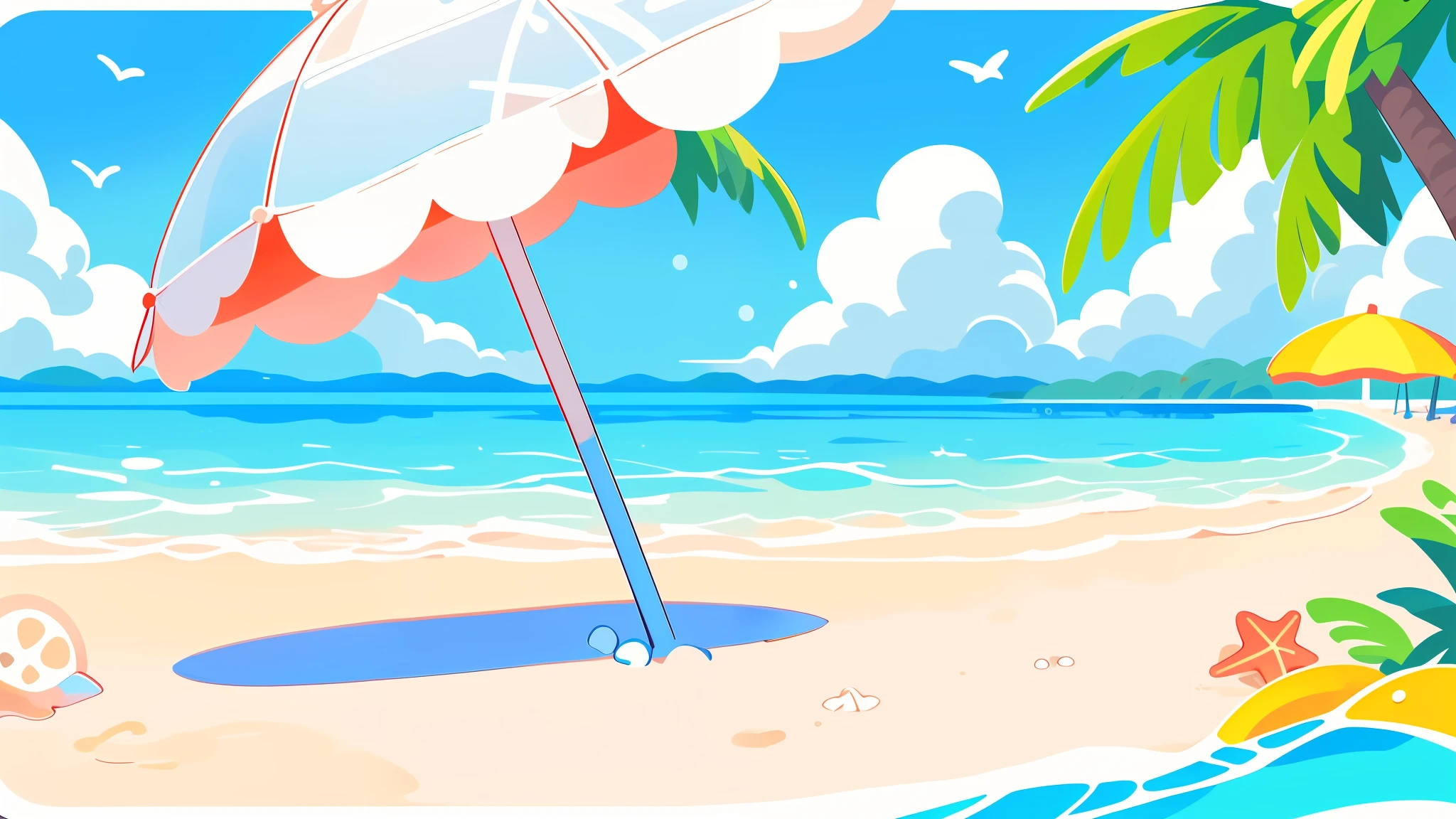 Uninhabited beach，nobody， Permanently installed,  Bright sunlight,  Happy and carefree,  digital painting style,   beach waves, Tropical beach background,  Palm tree,  clear blue sky,  beach umbrella,  beach ball,  Shells scattered in the sand.