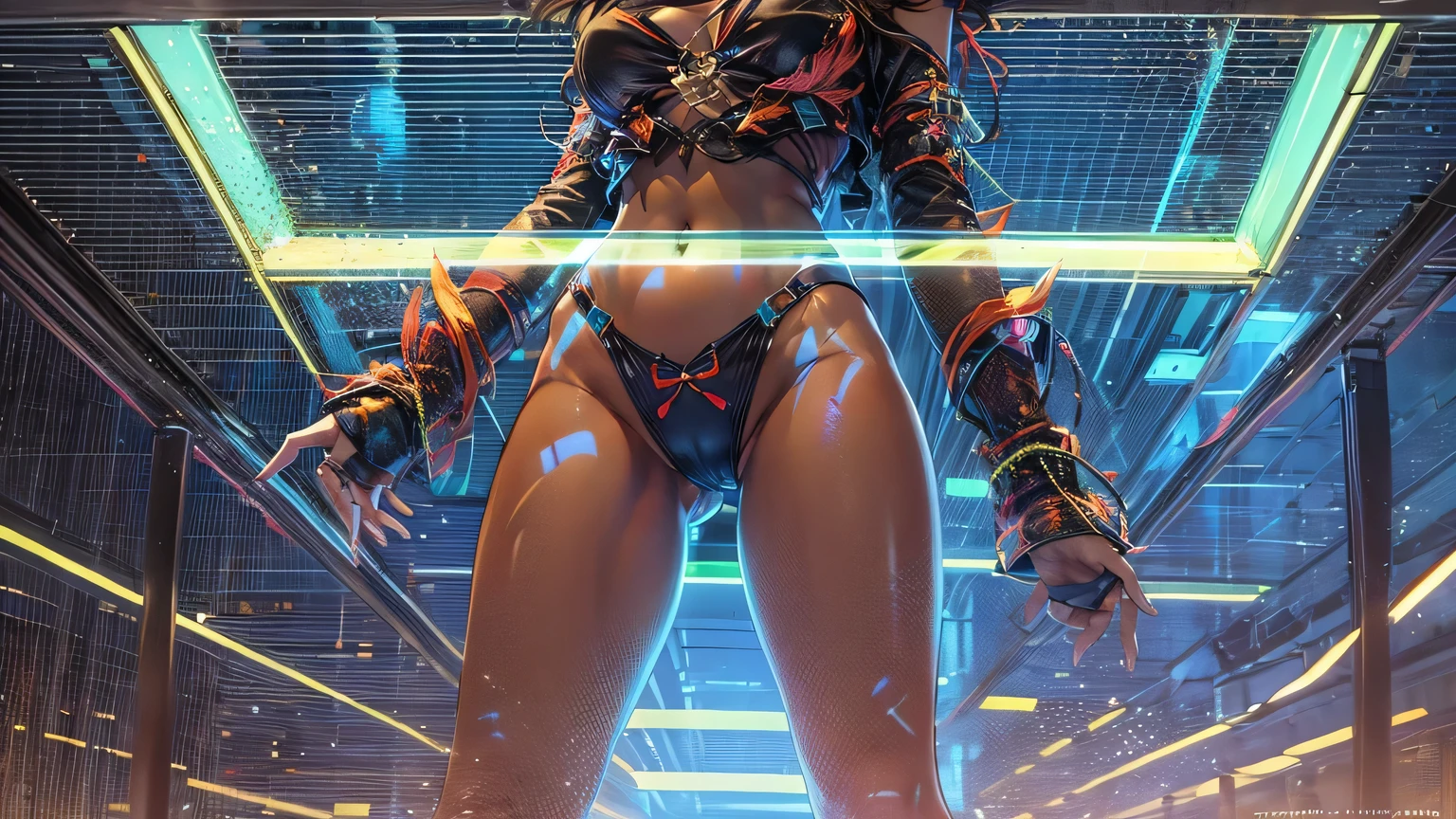 4K, (very delicate), realistic, perspective, one full body woman, (subtle face), Display from head to legs, big bust, bikini, well aware, cyber background, neon sign, dance, center stage, glass floor, illuminated, brown hair, blue eyes, Stand with your legs apart, lower one&#39;s arms between one&#39;s legs, Looking straight ahead, Sensual pose, looking up from under the glass floor.