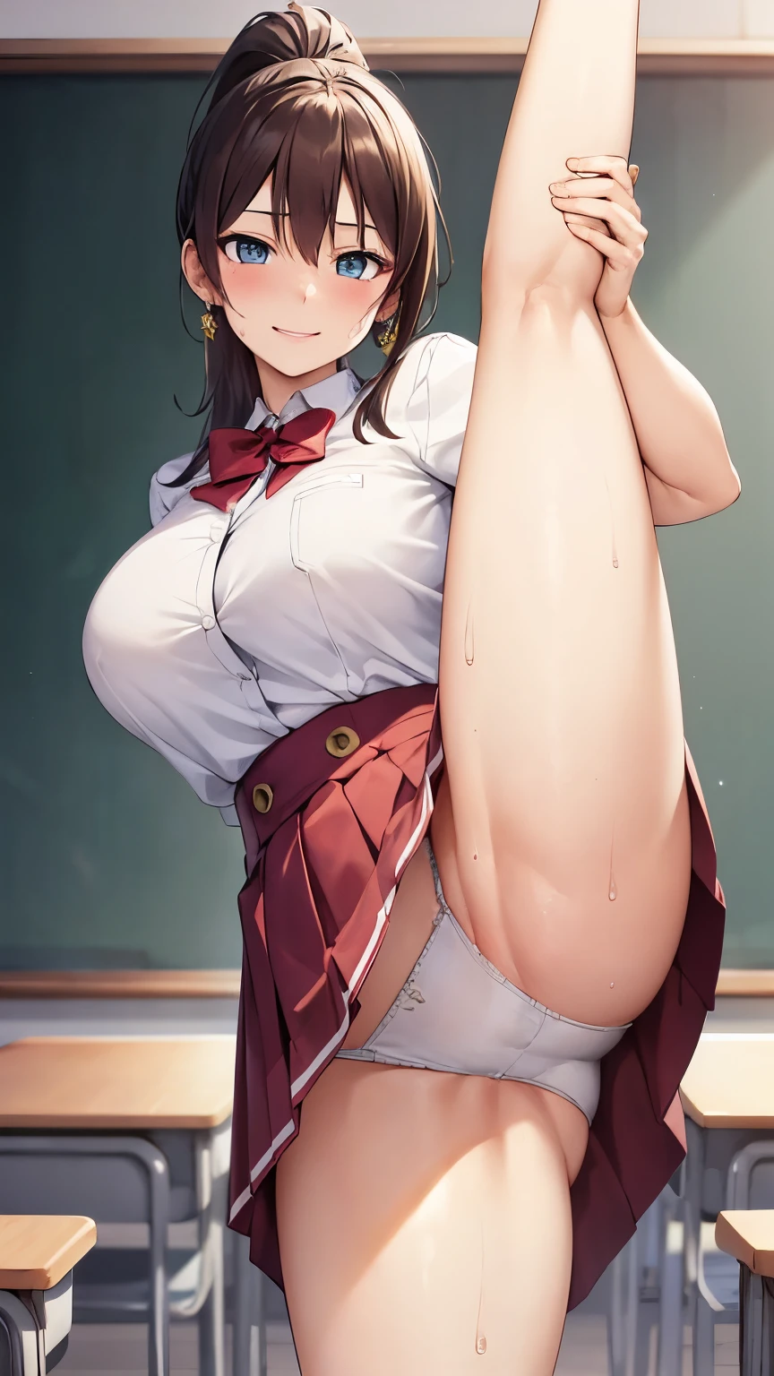 realistic, masterpiece, highest quality, perfect anatomy, (fine eyes), one high school girl, dark blue school uniform, huge breasts, Sweat, ponytail, earrings, pelvic curtain, (wide hips), shy smile, embarrassing, standing split, raise your legs,raise your legs,stand on one leg, short skirt, white panties, exposed panties, classroom