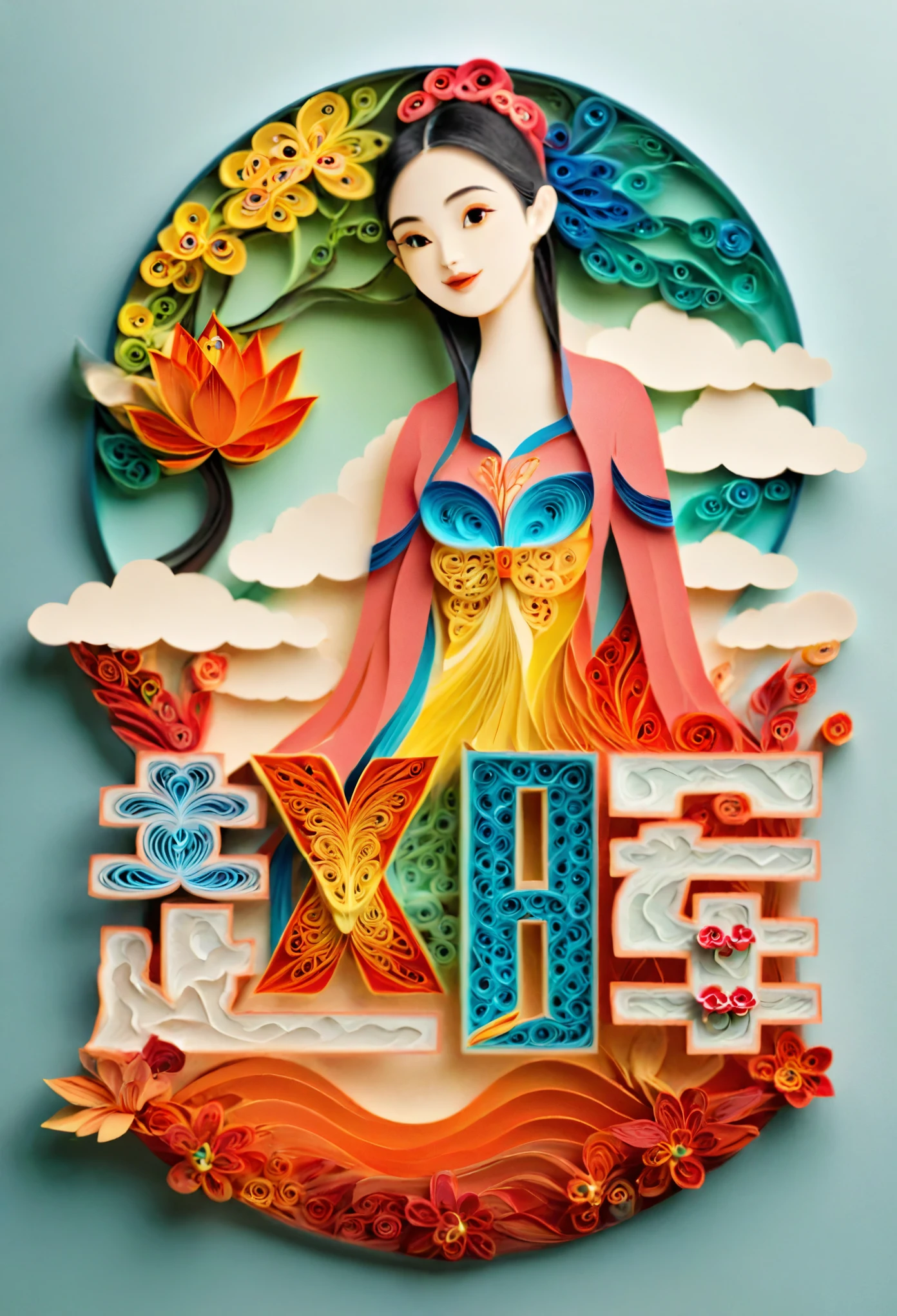 (number art, paper art,layered paper art,paper quilling,paper-cut,paper sculpture),1 girl,mountains, tree, river,flowers,lotus, (Oriental elements, Chinese color, Advanced color matching), (3D sculpture,Render by Octane,Volumetric light,natural soft light,), (Super exquisite:1.2, Loss of focus:1.2, Very colorful, light, chiaroscuro,Ray tracing)