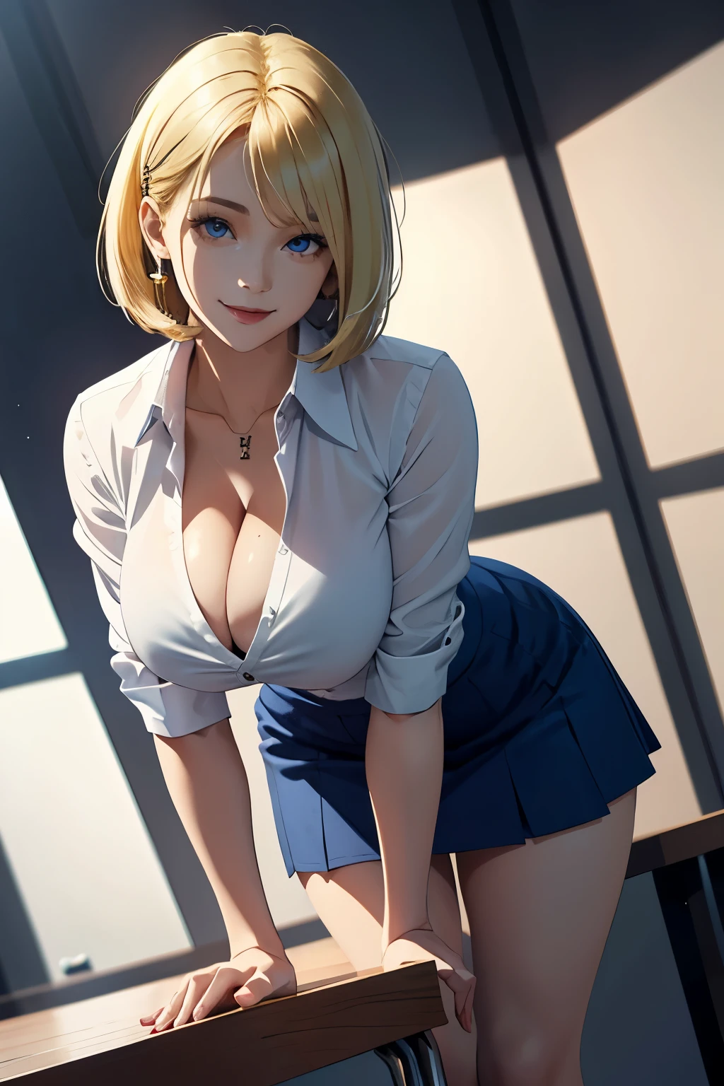 Clear blue eyes, blonde bob hair, cleavage, leaning forward, red cheeks, hairpin, white shirt, no make-up, navy blue tight skirt, rather large, shy, built-up area, looking at the viewer, smiling,