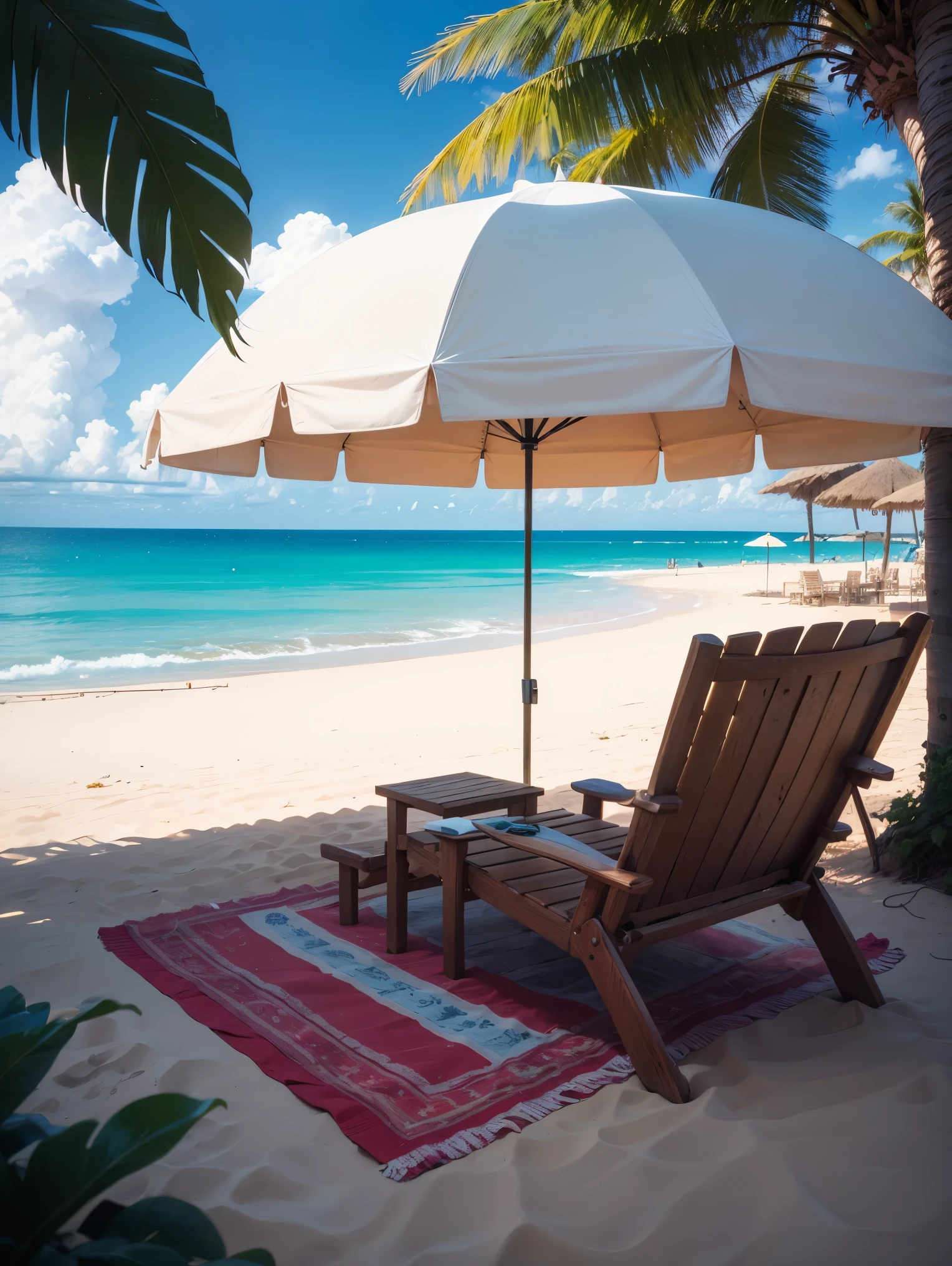 (best quality), ((masterpiece)), (highres), illustration, original, extremely detailed,outdoors, tree, scenery, chair, beach, bucket, day, food, umbrella, no humans, palm tree, sand, sky, boat, fruit, ocean, table, water, watercraft, cup, shade, lounge chair, beach chair, sandals, artist name, plant, plate, bottle, cloud, beach umbrella, shadow, towel