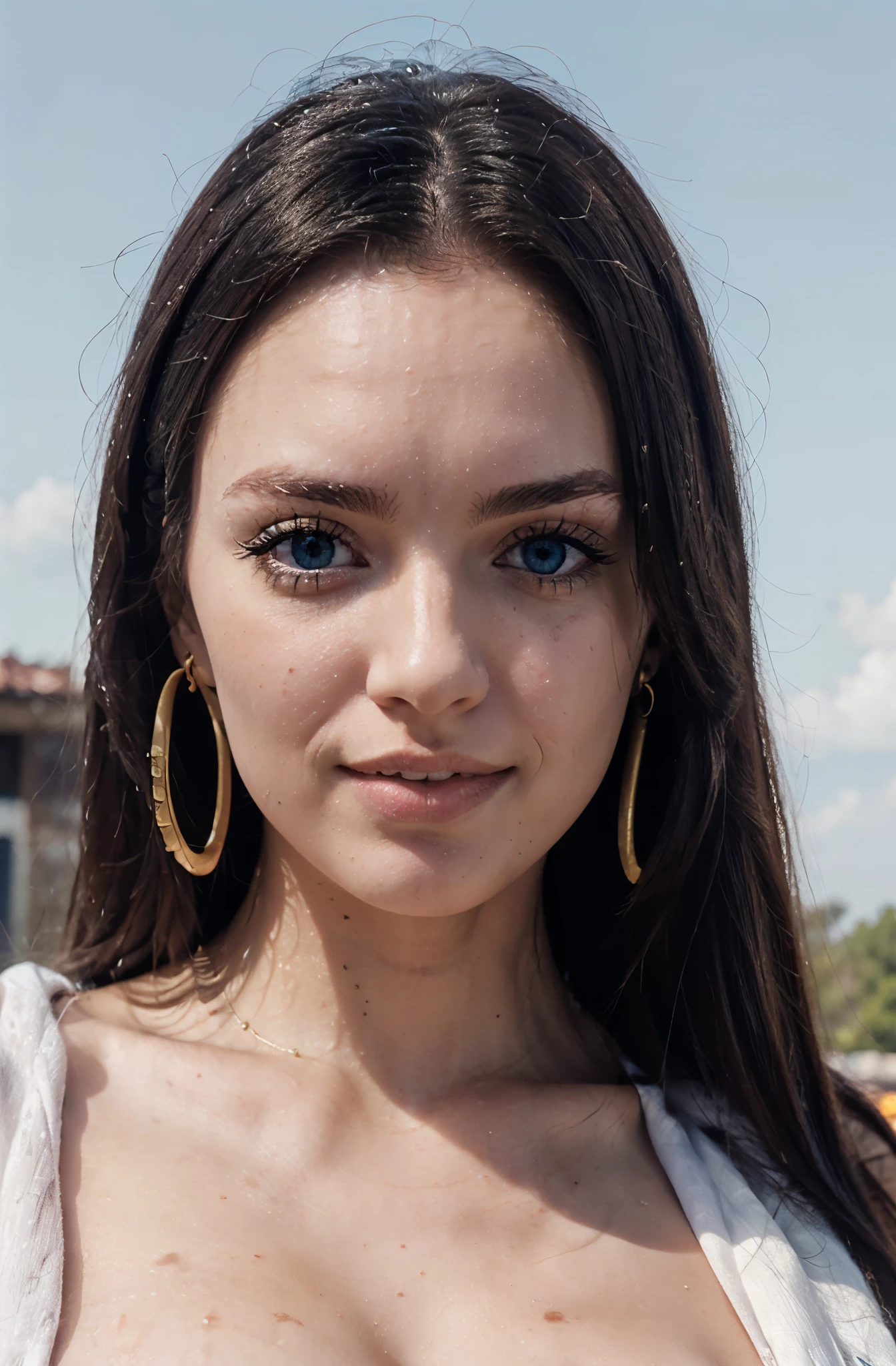 ultra realistic 8k cg, (ultra detailed background, delicate pattern, intricate detail, highly detailed, fine details), best quality, (photorealistic:1.4),beautiful lighting, absurdres, RAW photo, film grain, ((medium breasts, slim girl,  close-up, portrait)), BoaHancock, 1girl, solo, black hair, long hair, jewelry, (earrings, blue eyes), ((slim girl, medium breasts)), cleavage, smile, dress, cape, epaulettes, navel, midriff, blush, collarbone, (complex detailed background, blue sky, nature environment, close-up, portrait), blue eyes, blue sky eyes, very white skin, 25 years, boa hancock, perfect skin, big breast, white young woman, very white skin, boa hancockv2, boa hancock from one piece, model IG, lovely, femenine, very white skin, very white girl, only very white skin