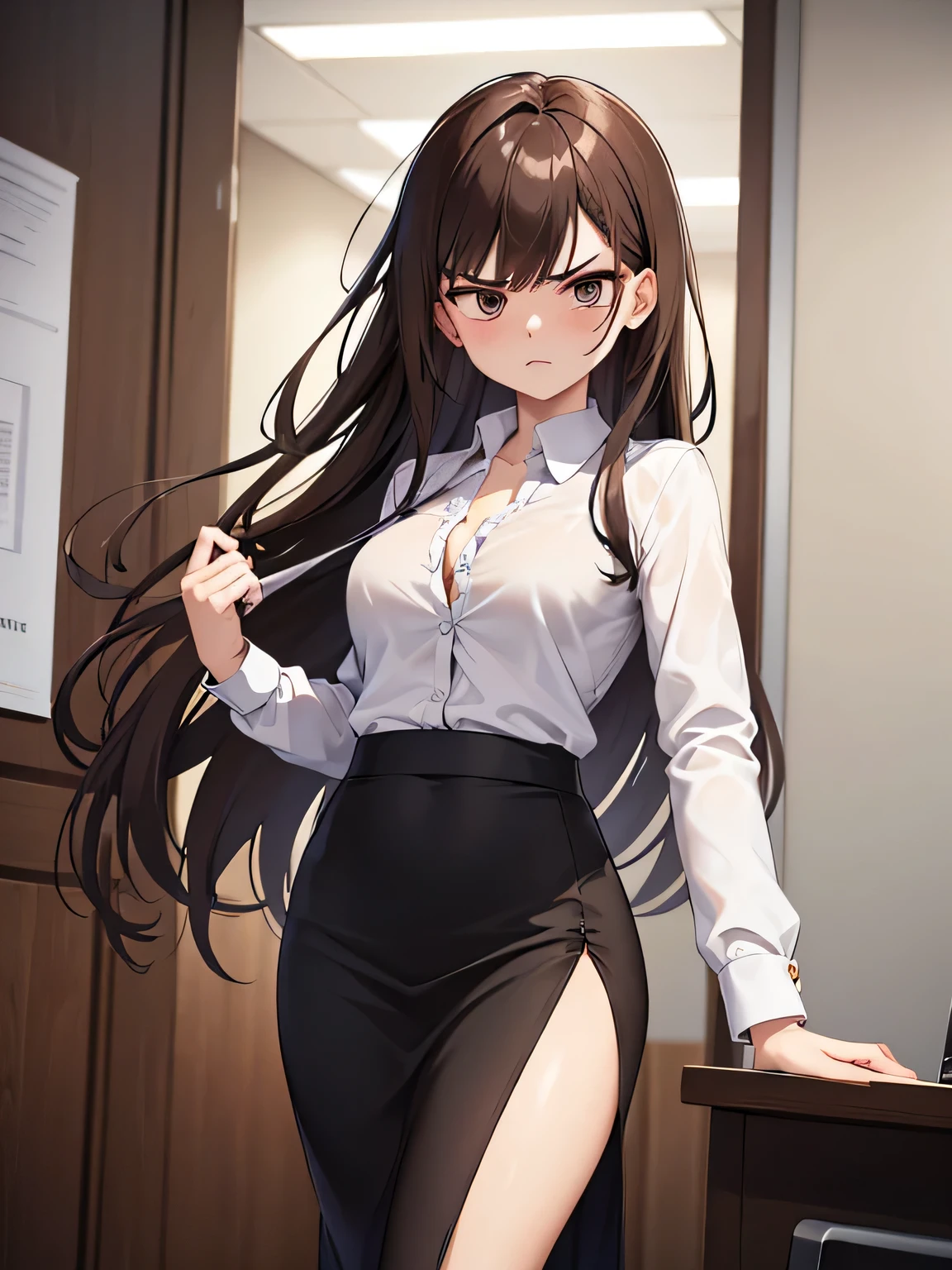 (1) Businesswoman wearing a skirt suit. (The skirt has a center slit.)
(2) The inner layer of the suit is a frilled shirt with one button undone from the top..
(3) Her eyebrows are angry because she is arguing loudly and passionately.
(4) long brown hair.
(5) The place is a beautiful meeting room..