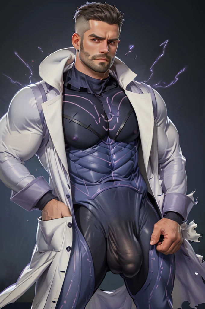 (masutepiece, Best Quality:1.2), Cowboy Shot, Solo, Male Focus, 1boy, Pokemon Touro, deadpan, Closed mouth, Looking at Viewer, Hands in pockets, Open your clothes, ((labcoat)), ((Purple bodysuit))、muscular guy, burly, hunk, Hot, big shoulders, musculature、(big chest)、 (hyperdetailed face)、nicebulge , NSFW, torn clothes, bursting clothes