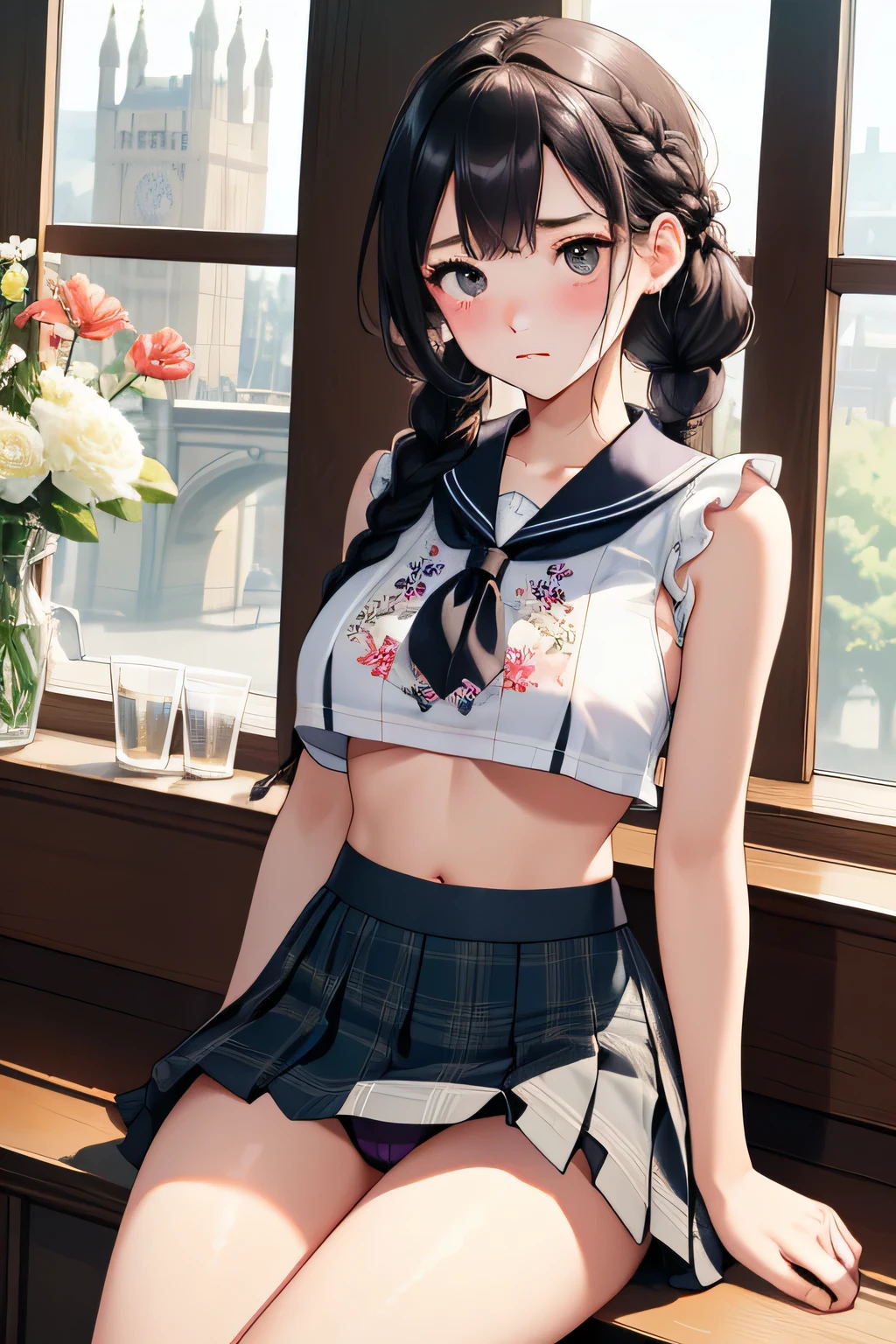 highest quality、High resolution、detailed background、beautiful and detailed face、beautiful and smooth skin、skin texture、professional lighting、Beautiful age girl、sexy sailor suit、Pleated mini skirt with tartan plaid pattern、braided ponytail、(look at me with cold eyes and troubled face、big breasts、emphasize the chest、emphasize the underboob)、Floral embroidered panties、Floral Embroidered Bra、
squat down、I can see my underwear when I squat down.、(lift up the skirt、panty shot、camel toe)、big ben、tower of london、British Museum、Buckingham Palace