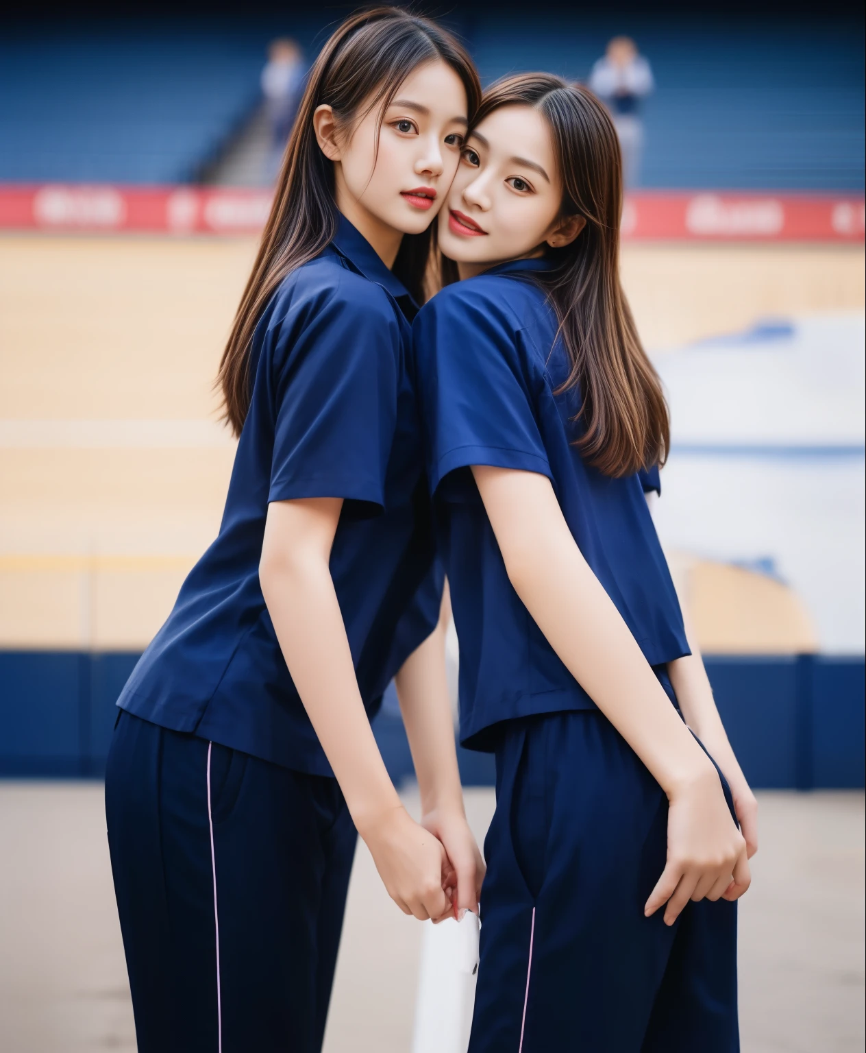 (best quality,10,10,height,Masterpiece:1.2),Special details,(realistic,ภาพrealistic,Realistic photos:1.37),1 cute girl on the football field,shiny, ผิวshiny,only,smile softly,BDclothelue shirt:1.3)),short sleeve,shirt, กางเกงขาlong.,(navy_long_track pants:1.1), ((stadium background:1.3)),Dynamic angle,excited,Face focus,dynamic poses,from behind,focus on ass,Masterpiece, best quality, ultra realistic, hyper-detail, 8K resolution, raw photos, Sharp focus, ((Navy blue shirt:1.1)), short sleeve, เส้นทางlong, perfect body, 2 mature women, 18 years old, Cinema-grade lighting system,blue sweatpants,shirtผ้าออกกำลังกาย,correct anatomy,perfect body, correct body, Sharp face, correct bodyทางกายวิภาค, full body, realistic gestures, long-haired, realistic poses,Wear long shorts................................,ช่วงขาlong,Good shape,carved girl, Slender figure, model, Good shape, beautiful body,blue sweatpants, two girls kissing
